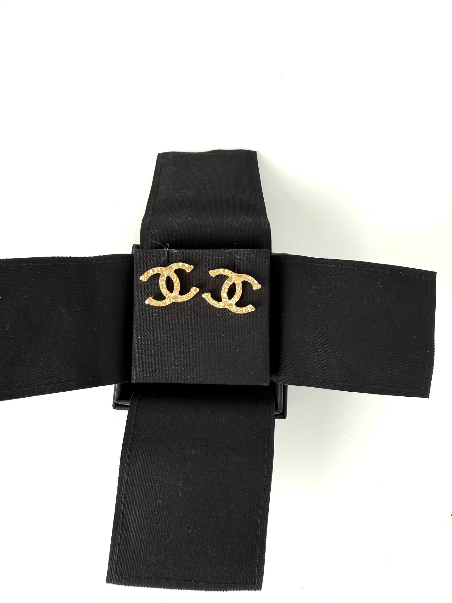 Chanel 2024 Gold Tone CC Logo Stud Hammered Earrings Jewelry