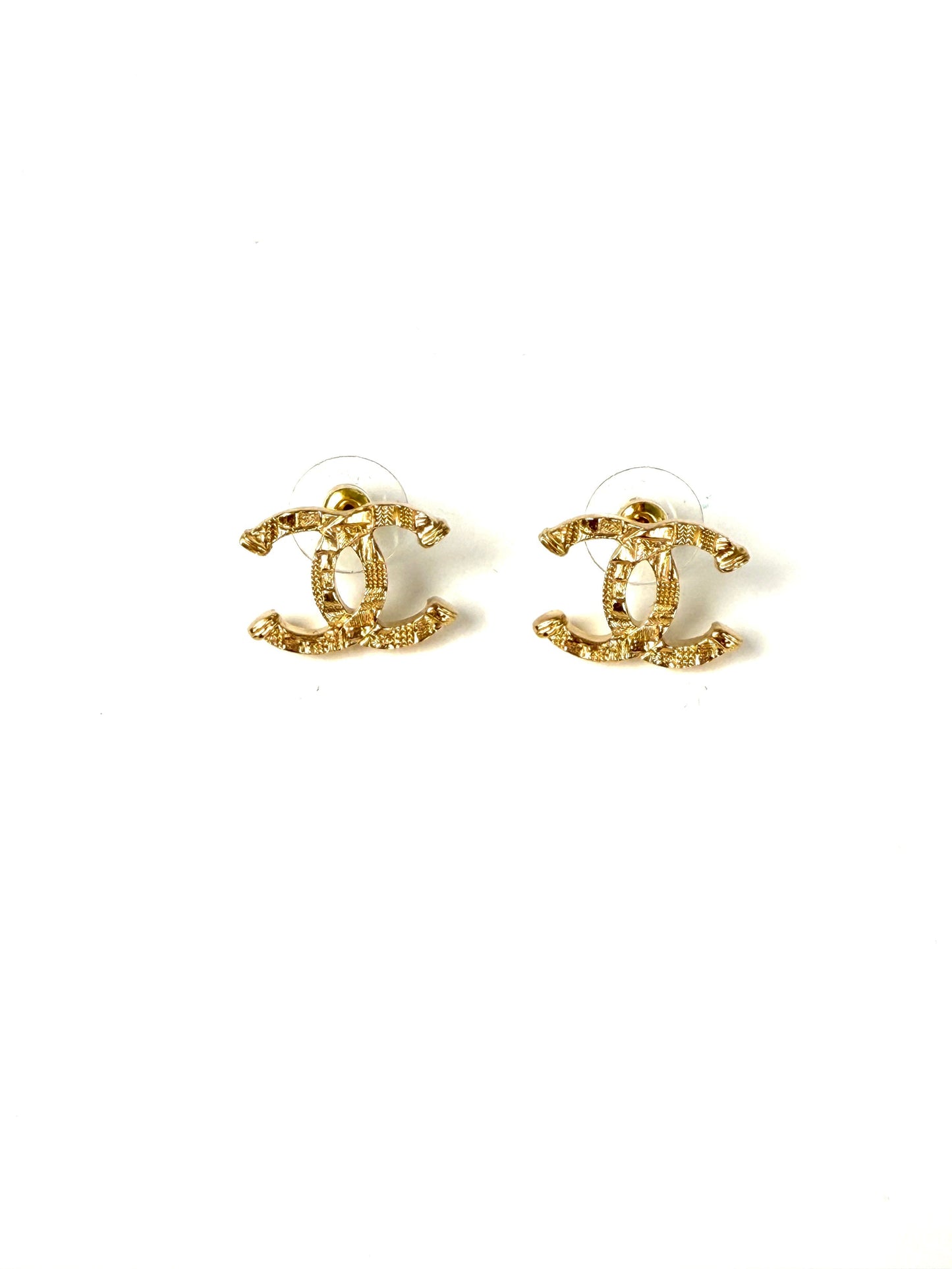 Chanel 2024 Gold Tone CC Logo Stud Hammered Earrings Jewelry