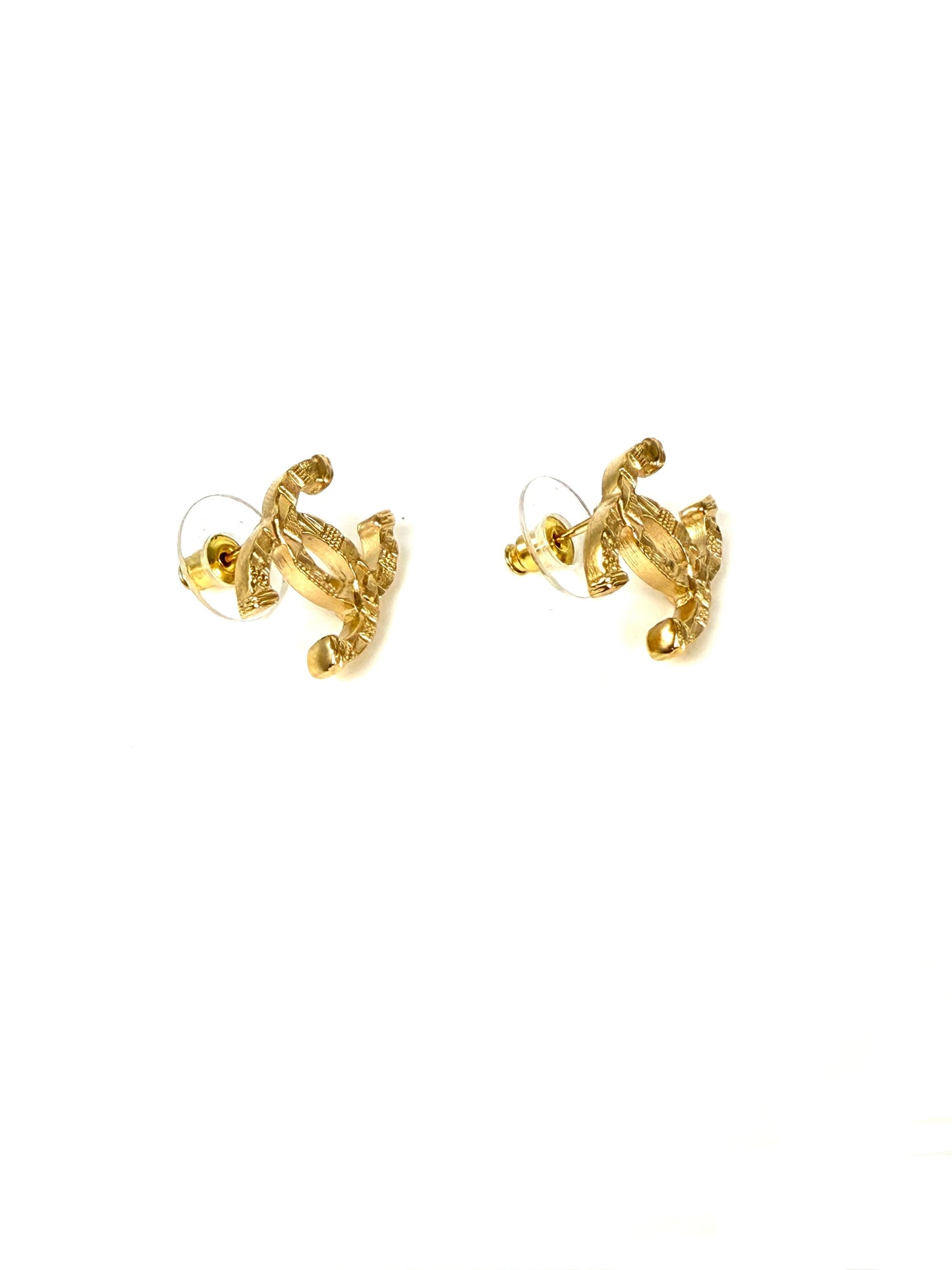 Chanel 2024 Gold Tone CC Logo Stud Hammered Earrings Jewelry