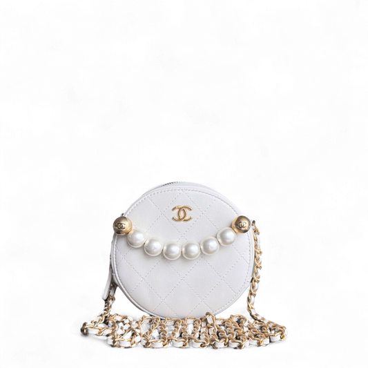 Chanel Pearl Round Clutch with Calfskin Aged Hardware White Gold Clutch Bag