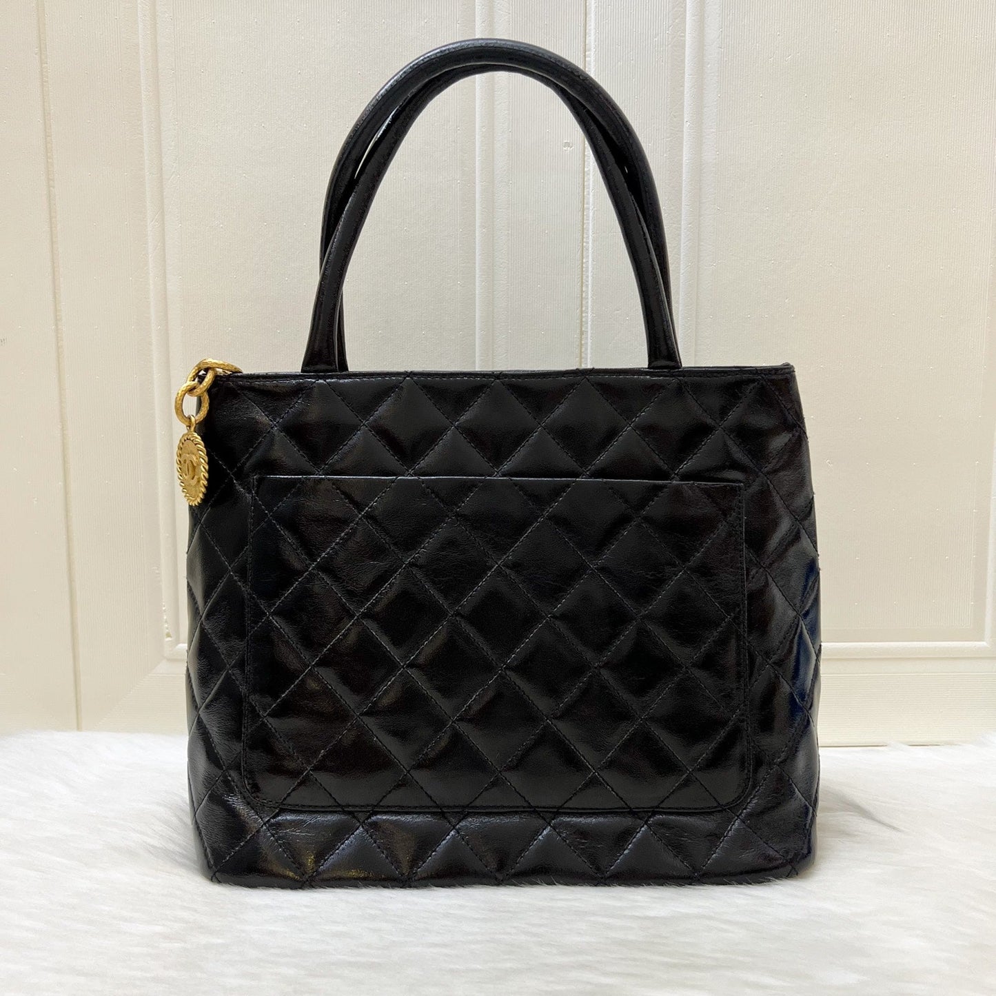 Medallion Tote in Black Glossy Calfskin and AGHW Signature