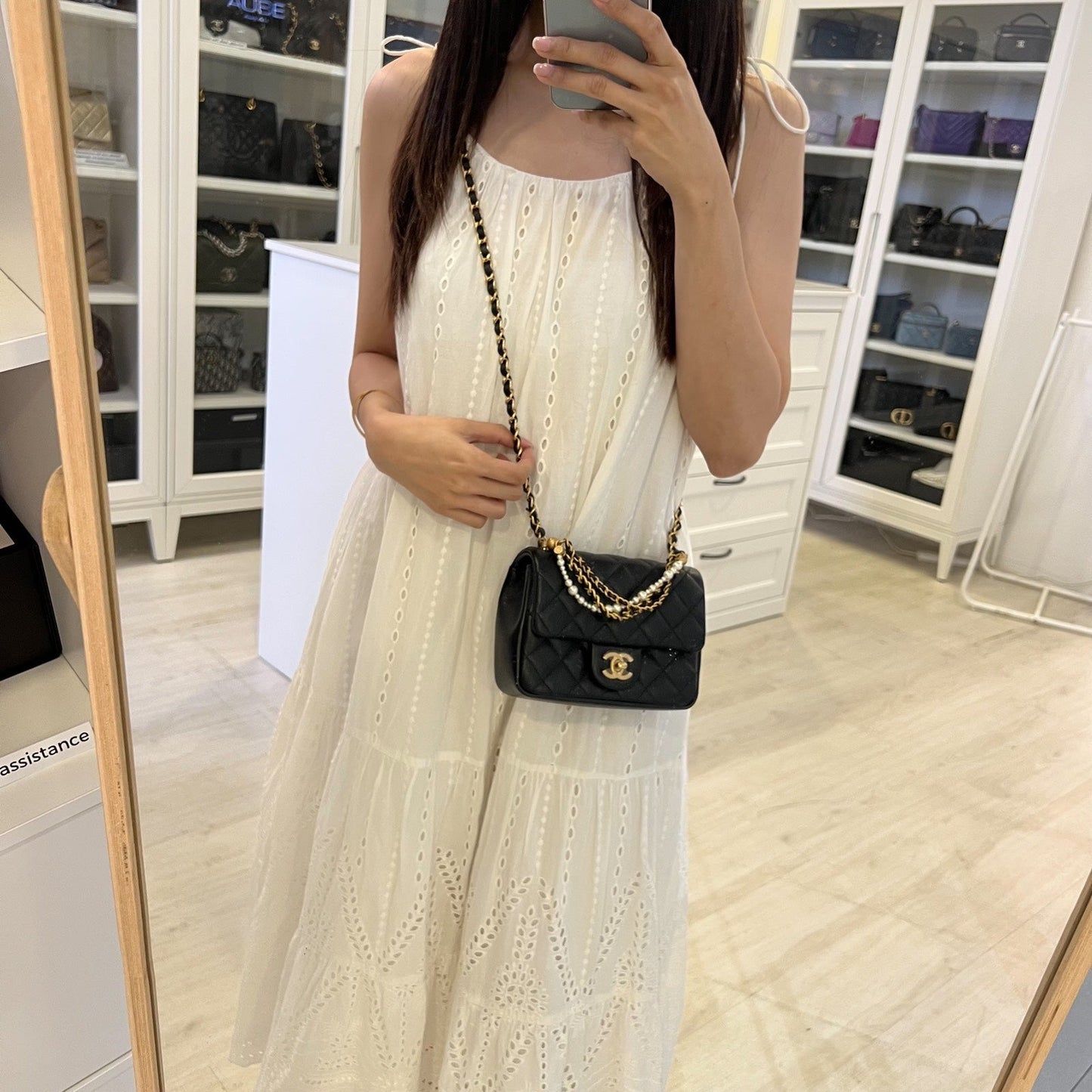 Chanel Pearl Twist Chain Square Mini Flap Bag in Black Lambskin and AGHW (Model: )
