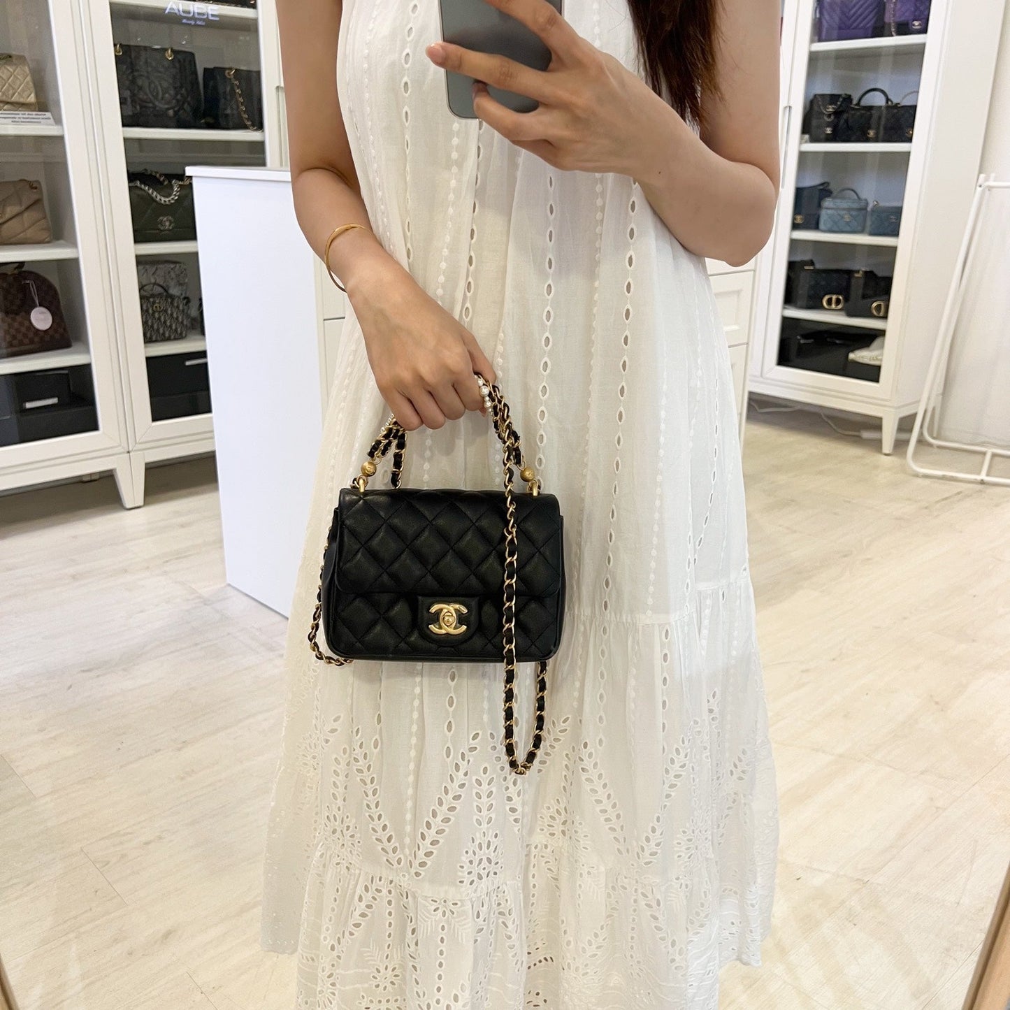 Chanel Pearl Twist Chain Square Mini Flap Bag in Black Lambskin and AGHW (Model: )