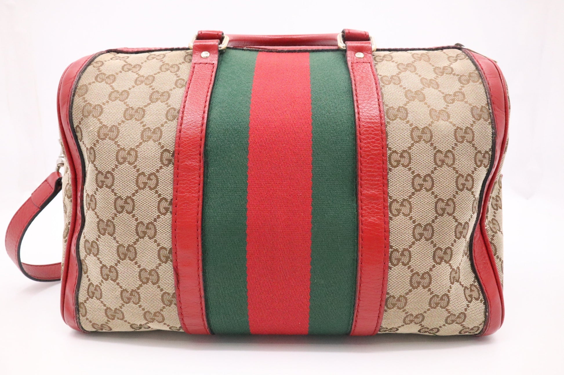 Gucci Boston Bag Bandouliere In Red Leather Canvas Travel Bag