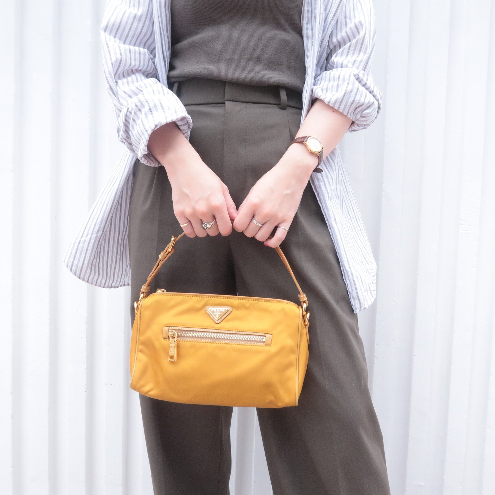 Prada Prada Logo Nylon Leather Shoulder Bag Mustard Yellow