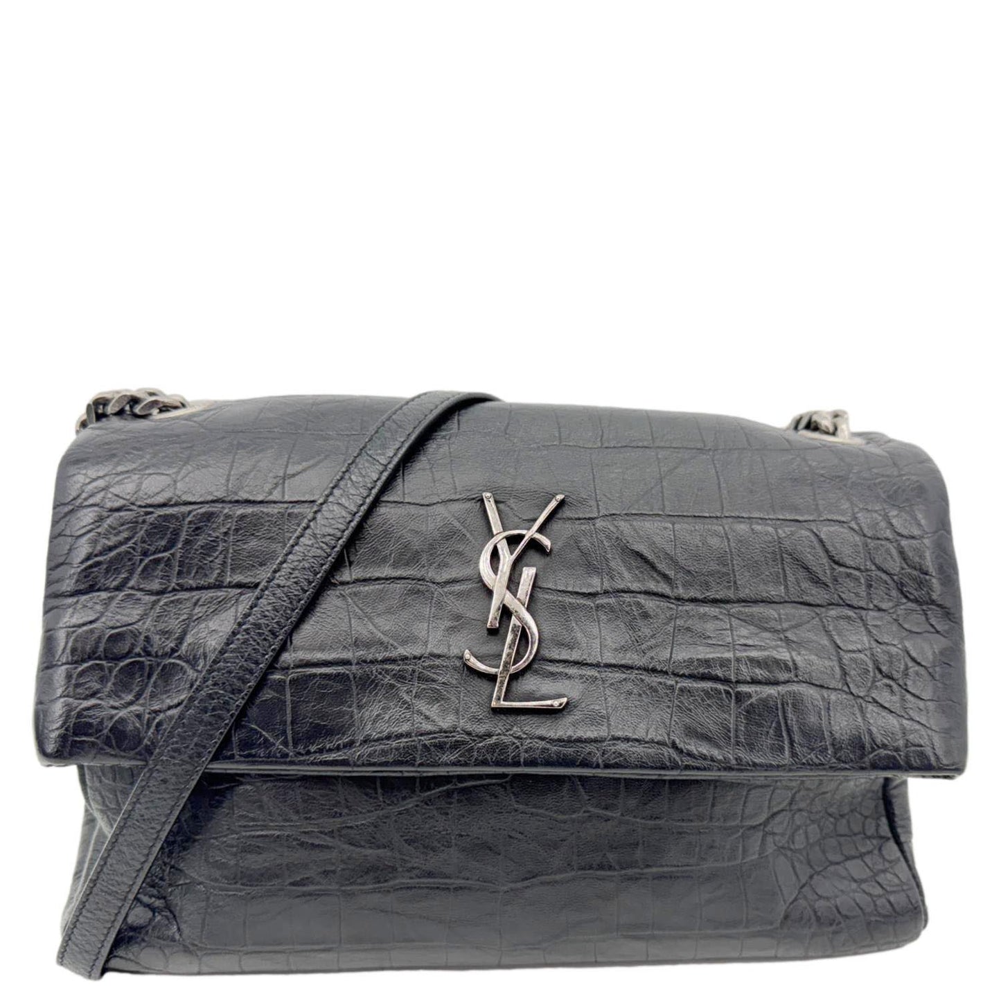 YSL Saint Laurent Yves West Hollywood Croc Crossbody Bag Black Medium Embossed