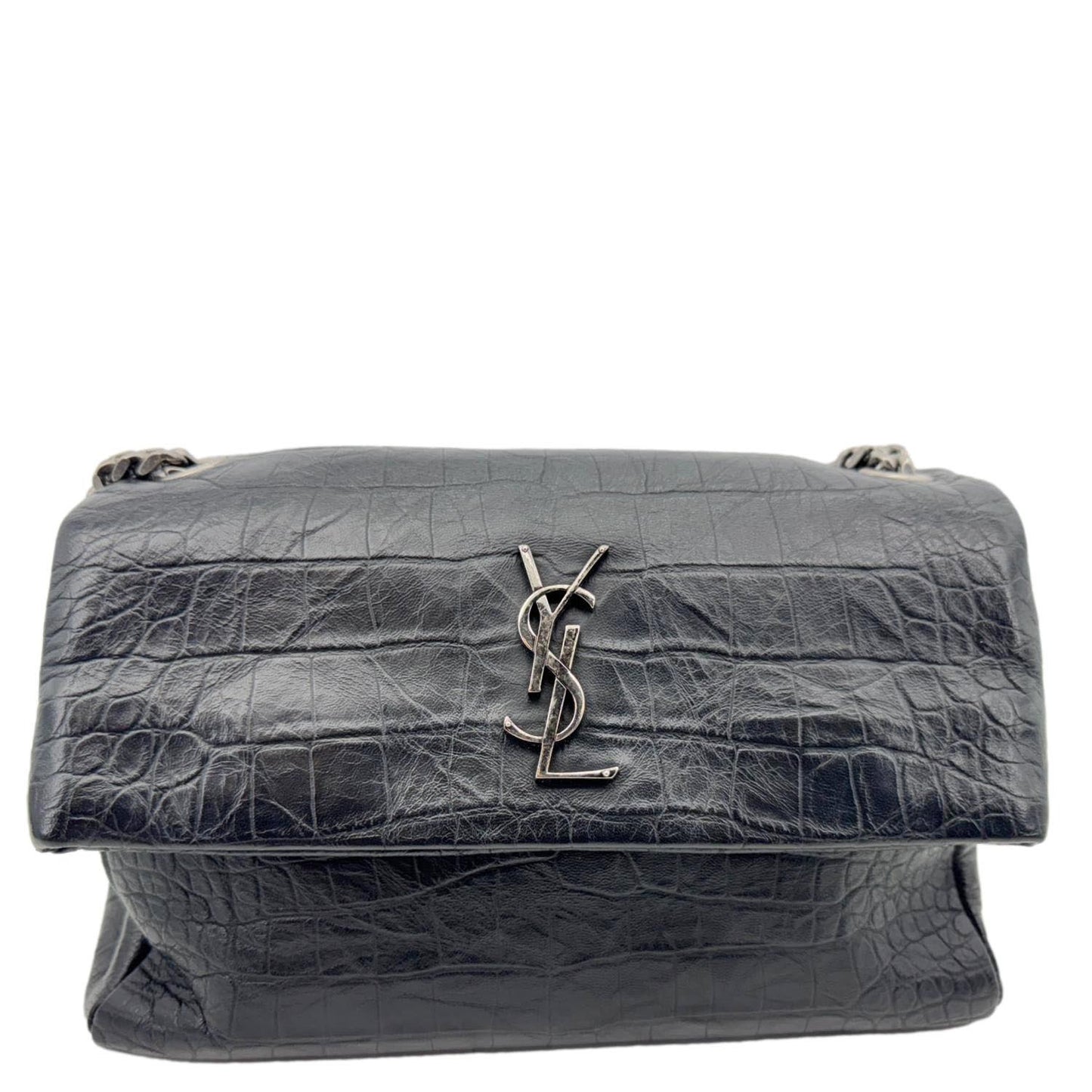 YSL Saint Laurent Yves West Hollywood Croc Crossbody Bag Black Medium Embossed