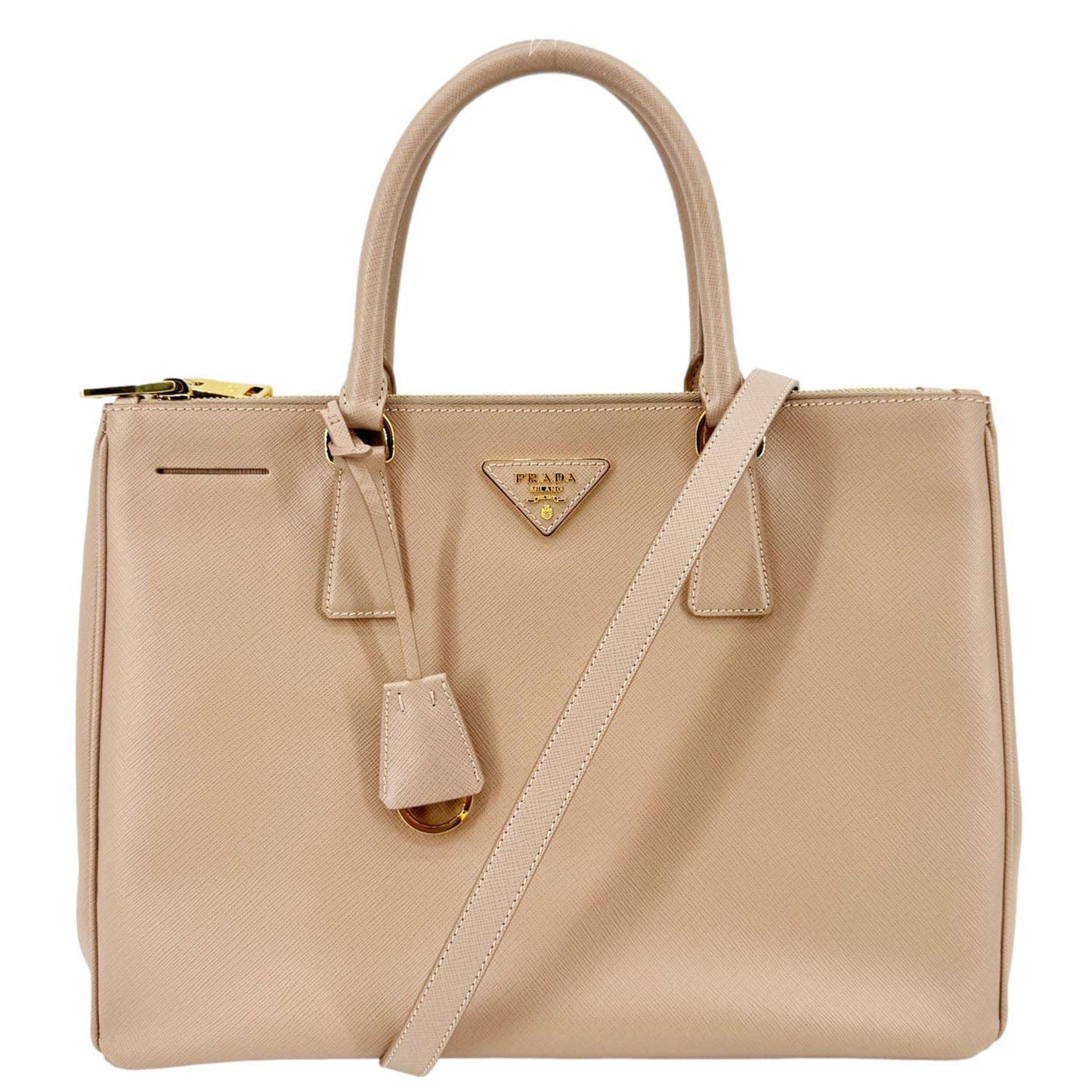 Galleria Double Zip Saffiano Top Handle Tote Leather Beige Tote Bag