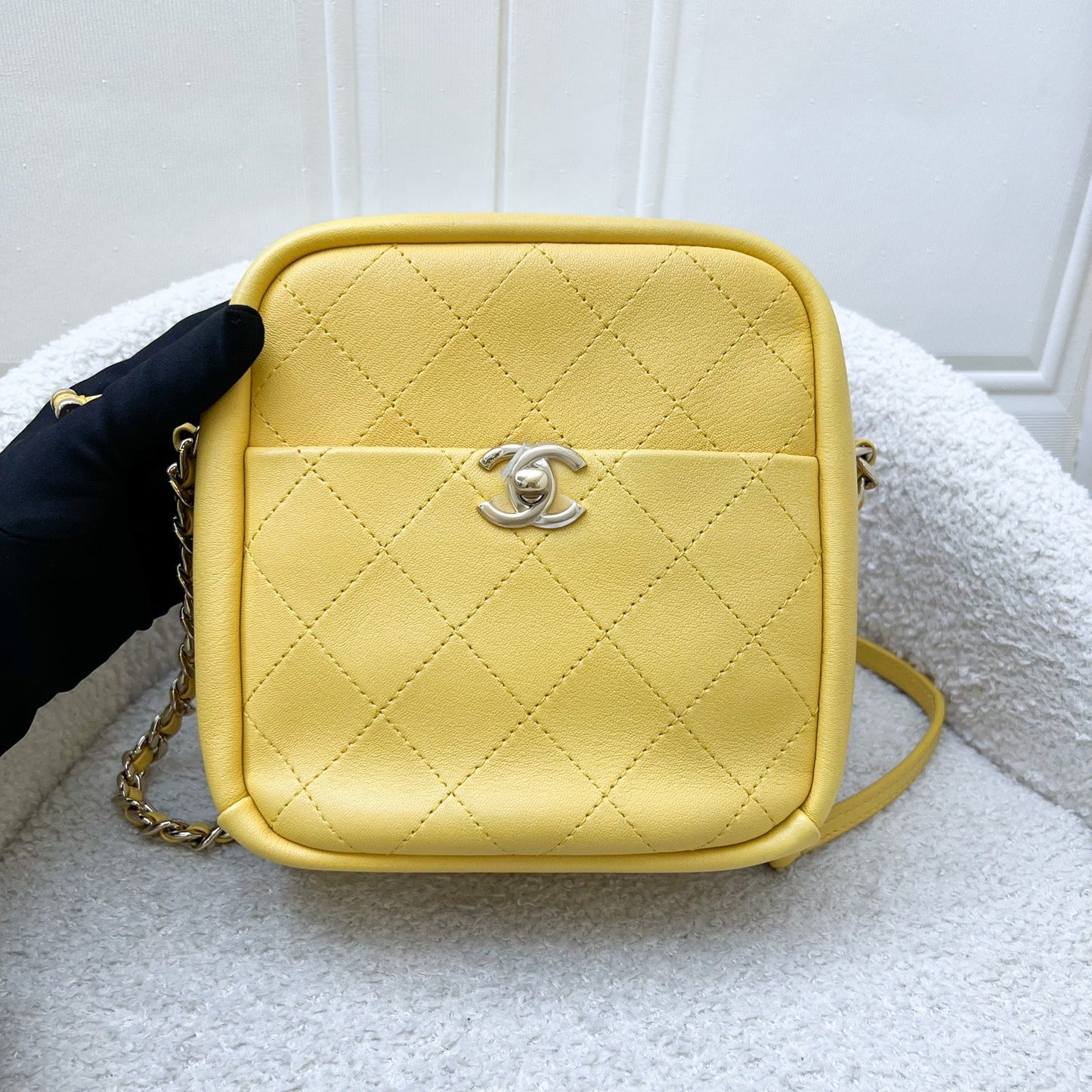 Chanel Casual Trip North South Camera Bag in Yellow Stiff Lambskin and GHW