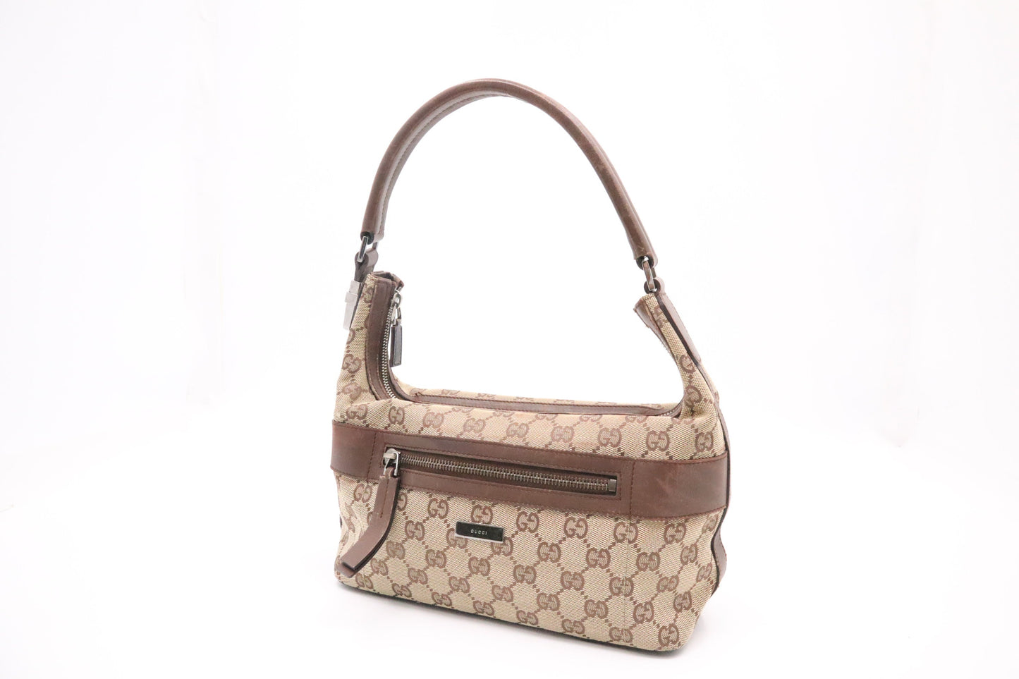 Gucci GG Leather Canvas Brown Shoulder Bag Brown Leather