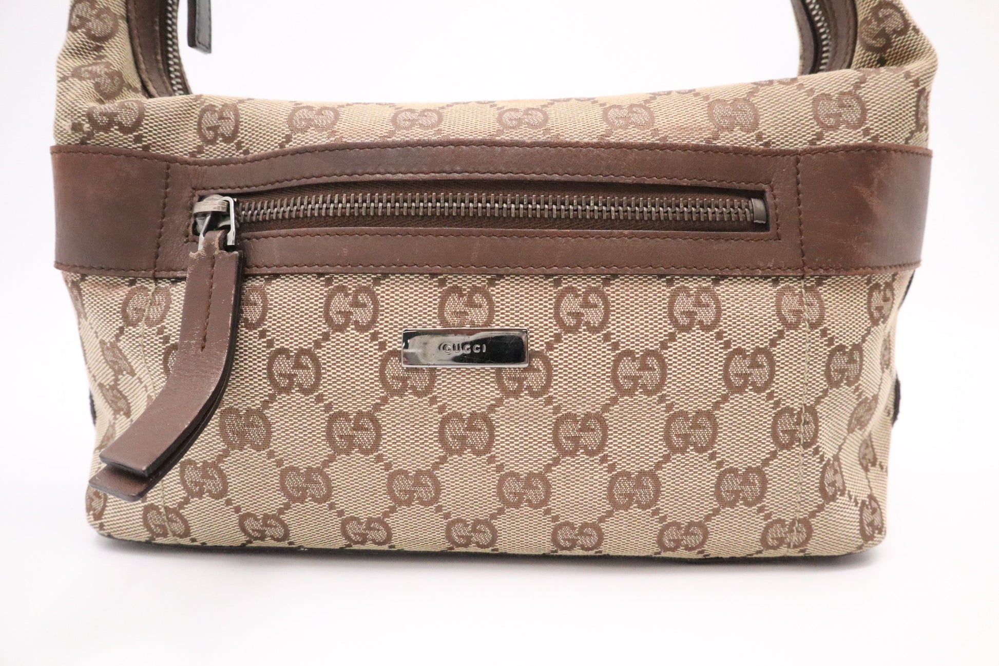 Gucci GG Leather Canvas Brown Shoulder Bag Brown Leather