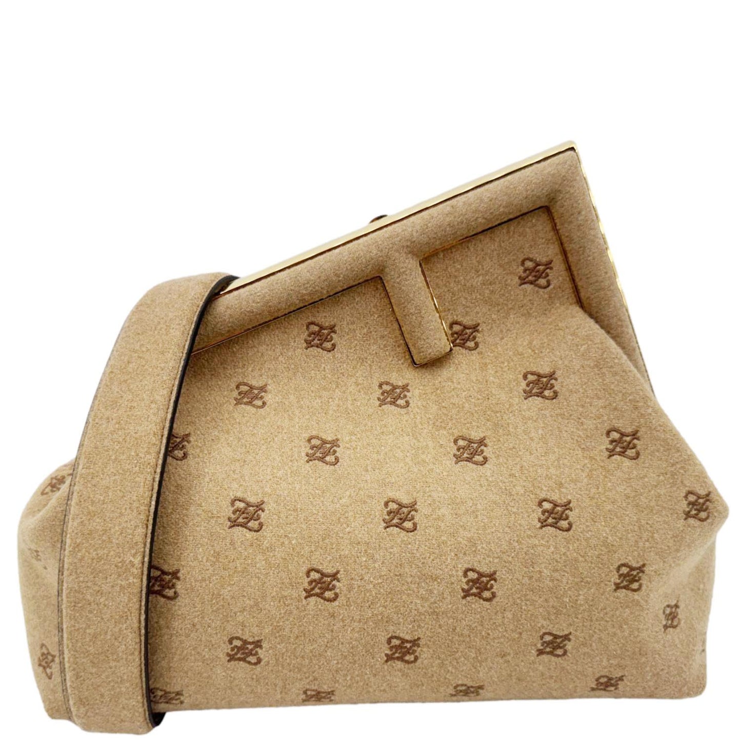 Fendi First Karligraphy Flannel Shoulder Bag Camel Medium Embroidered