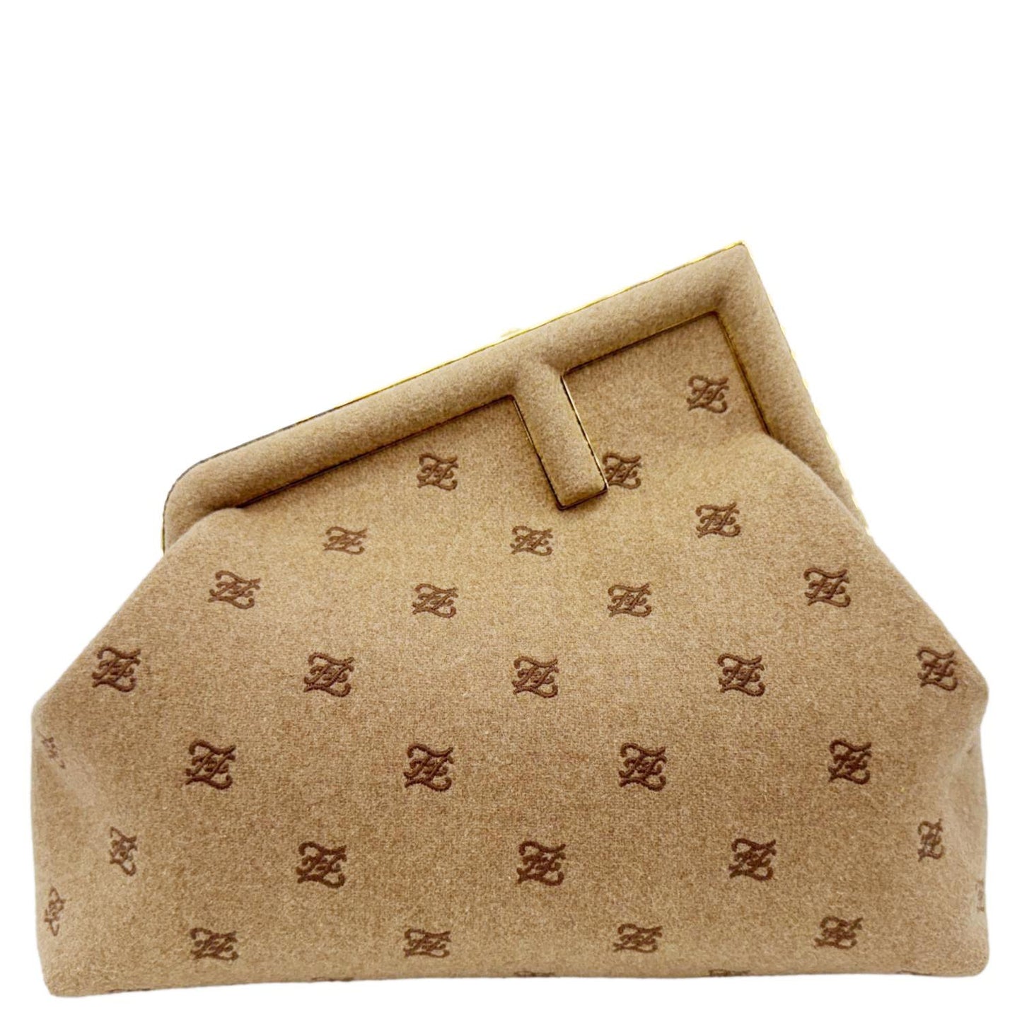 Fendi First Karligraphy Flannel Shoulder Bag Camel Medium Embroidered