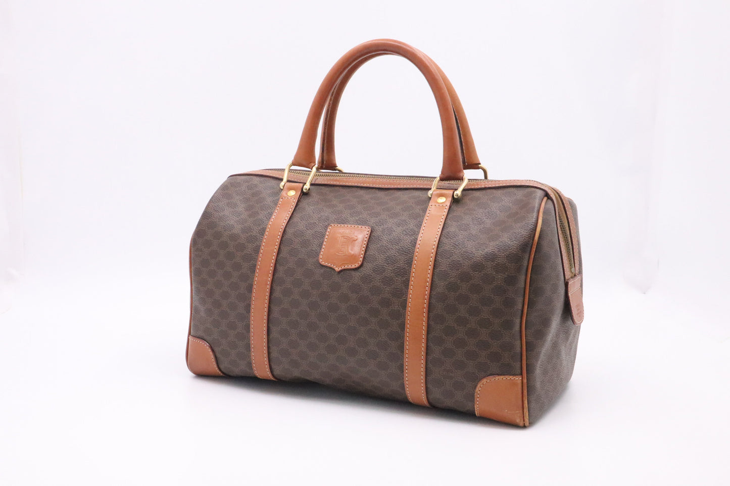 Celine Boston Bag In Macadam Canvas Brown Travel Bag