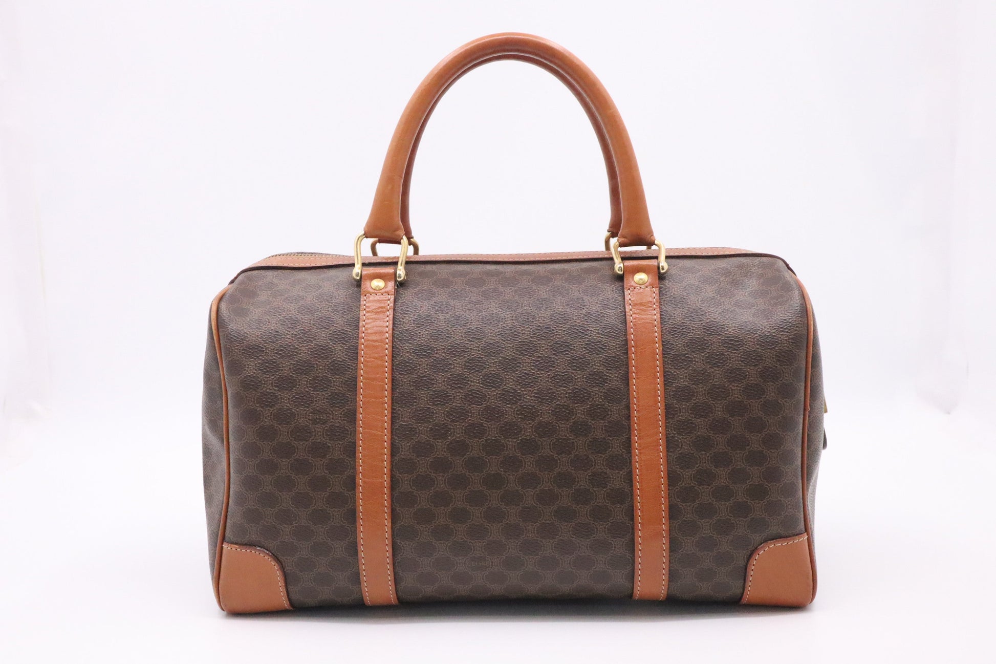 Celine Boston Bag In Macadam Canvas Brown Travel Bag