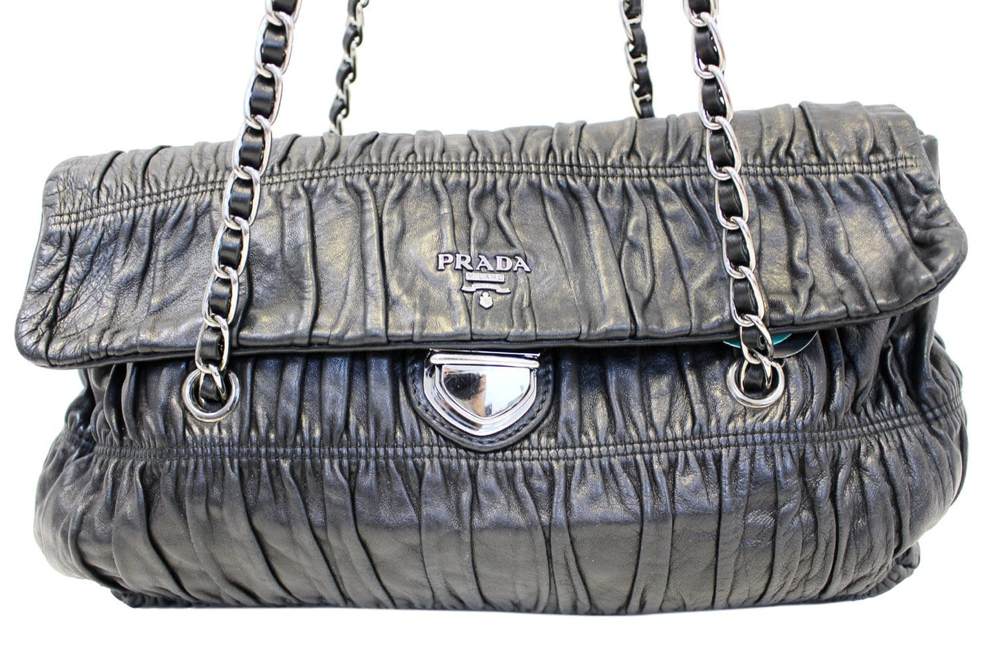 Prada Nappa Gaufre Ruched Shoulder Bag Leather Black Flap