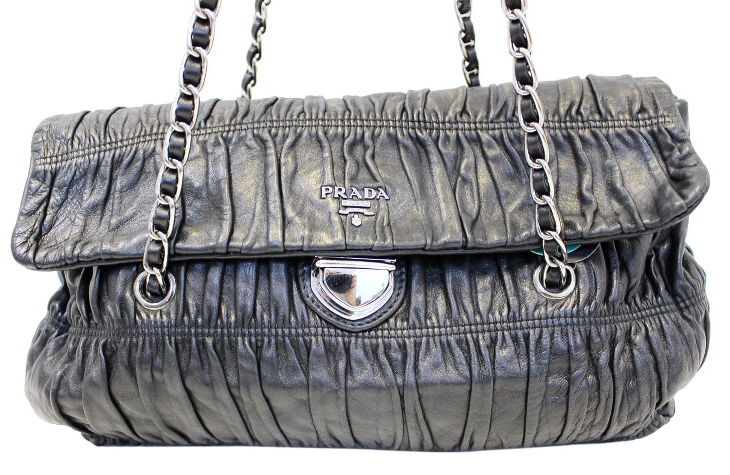 Prada Nappa Gaufre Ruched Shoulder Bag Leather Black Flap