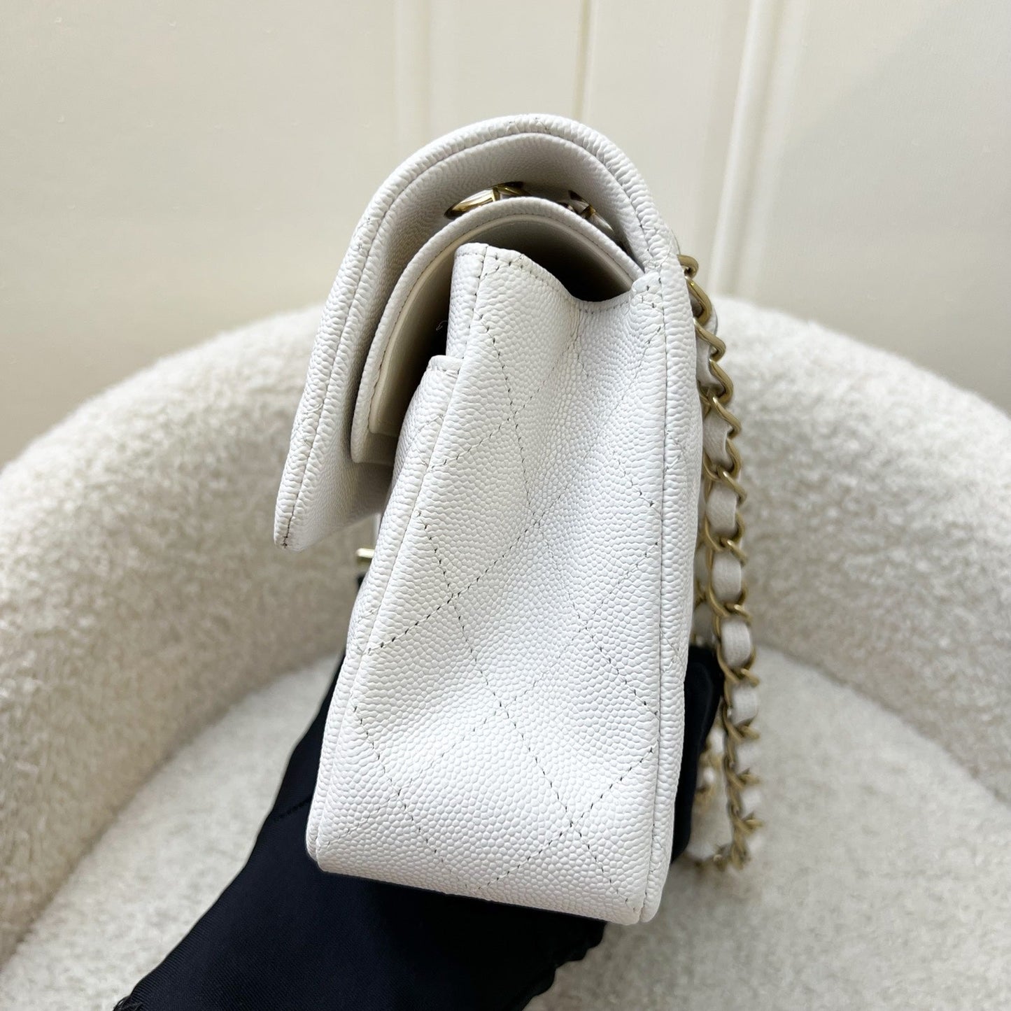 Small Classic Flap CF in White Caviar and LGHW Accessory Light Gold
