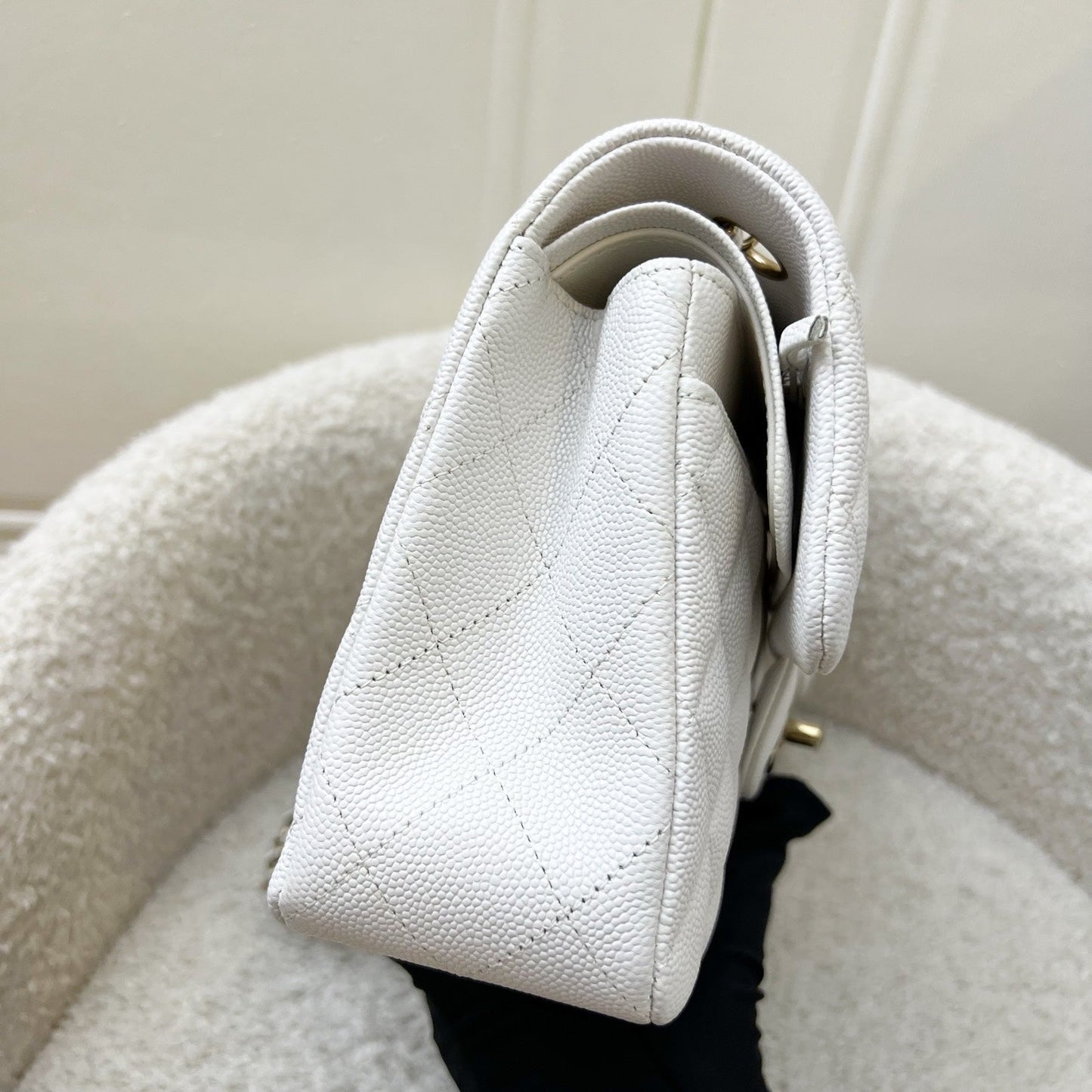 Small Classic Flap CF in White Caviar and LGHW Accessory Light Gold
