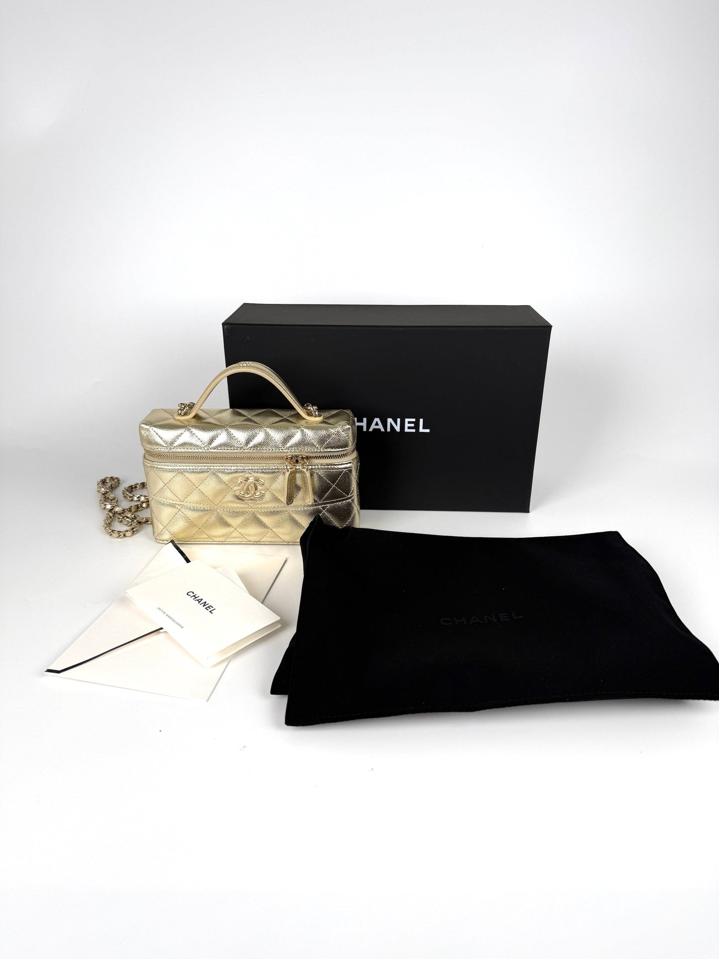 Chanel Long Classic Vanity Light Gold Caviar Quilted Zip Top Handle Crossbody with Chain Bag New