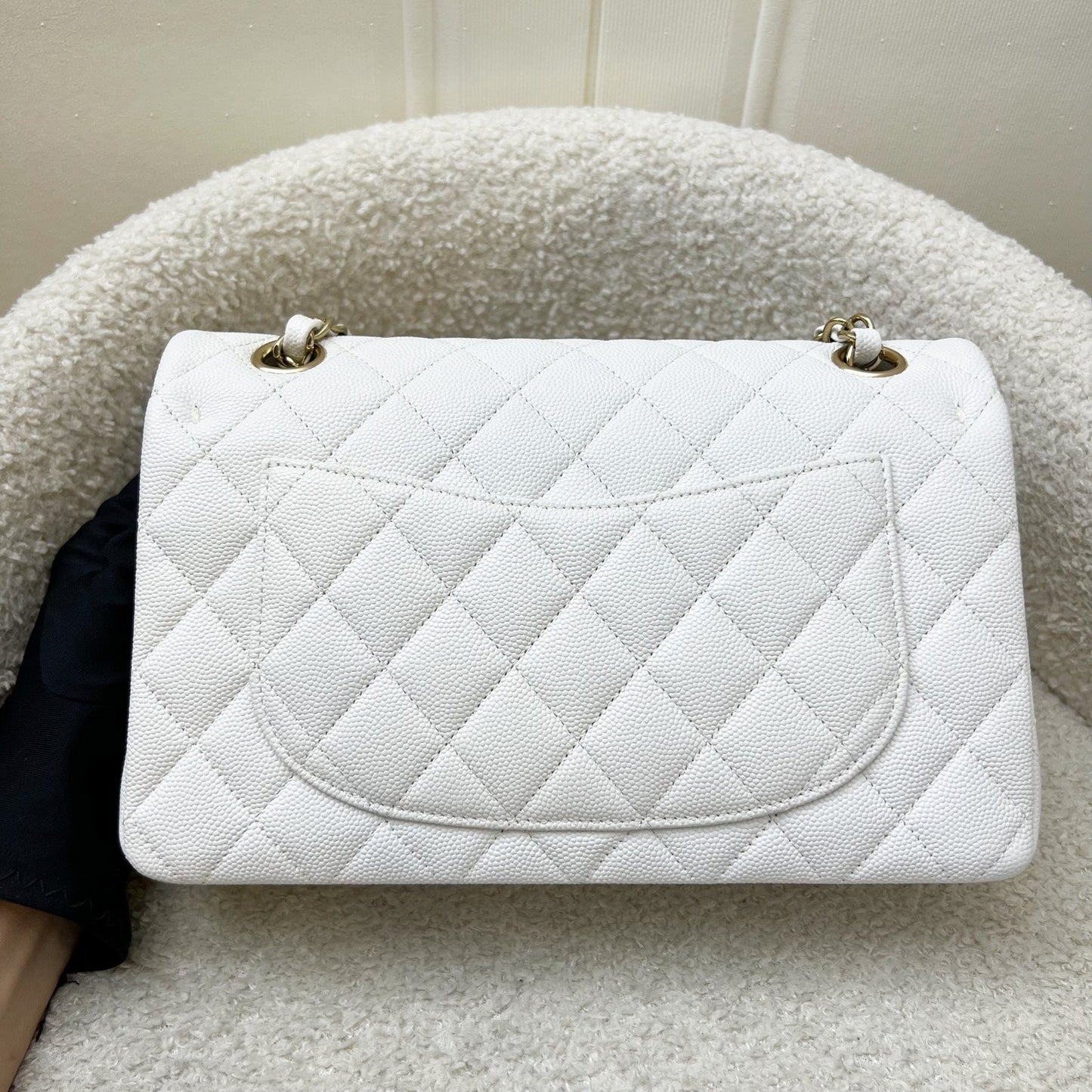 Small Classic Flap CF in White Caviar and LGHW Accessory Light Gold