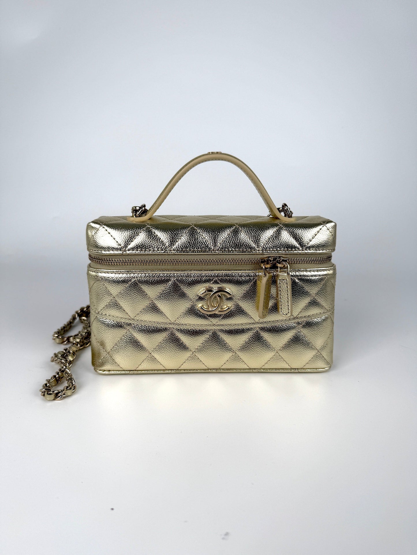 Chanel Long Classic Vanity Light Gold Caviar Quilted Zip Top Handle Crossbody with Chain Bag New