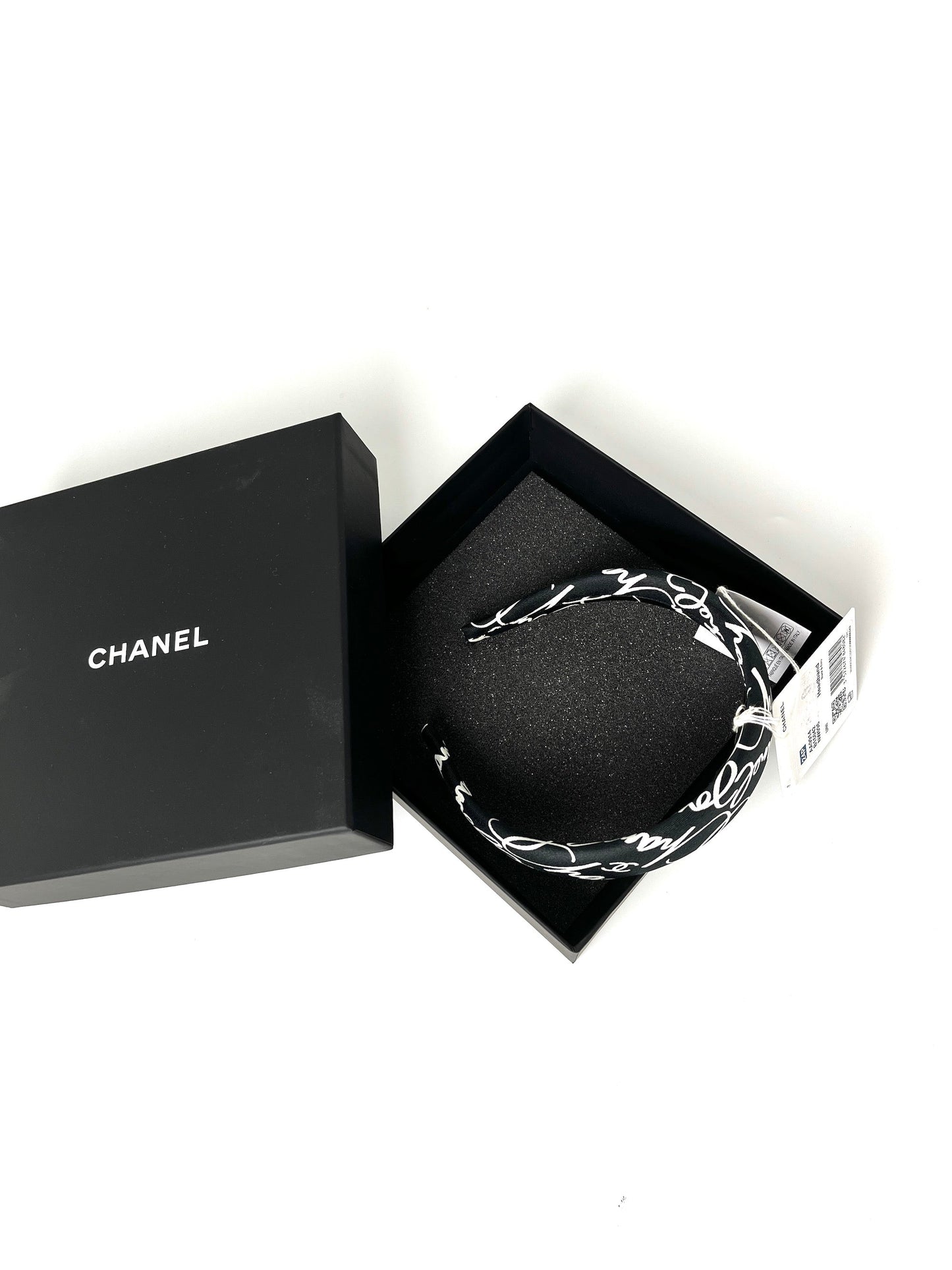 Chanel Black White Ecru Silk Twill Print Headband Accessory