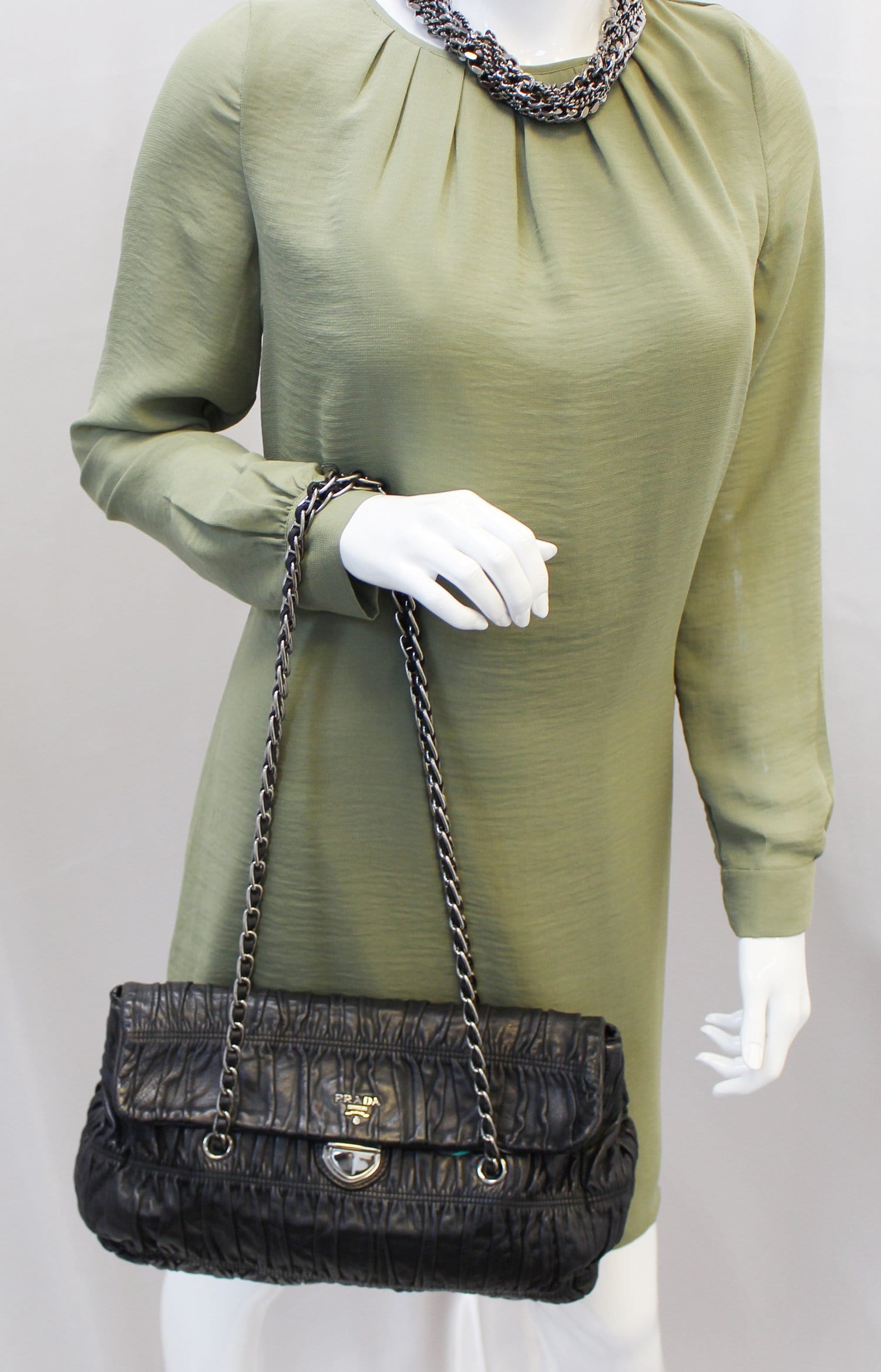 Prada Nappa Gaufre Ruched Shoulder Bag Leather Black Flap