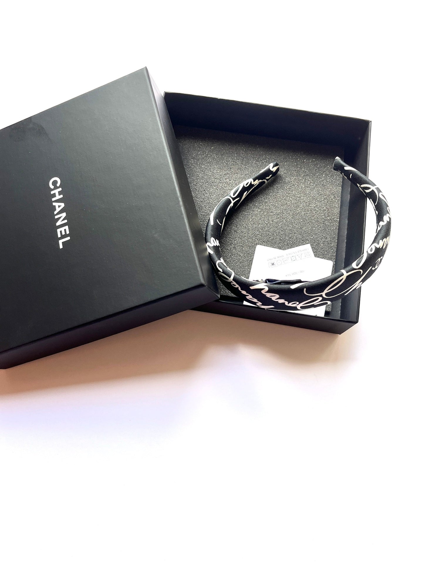 Chanel Black White Ecru Silk Twill Print Headband Accessory