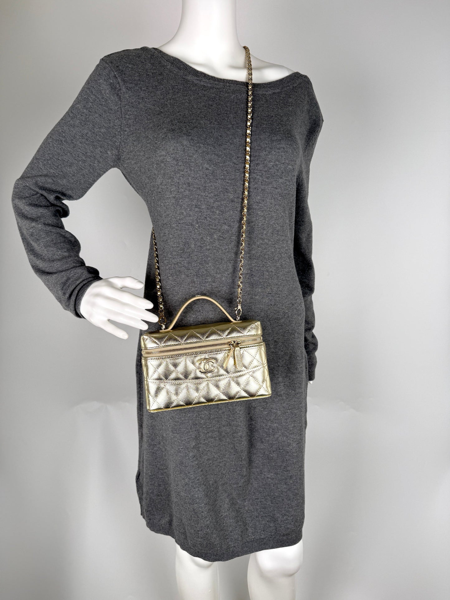 Chanel Long Classic Vanity Light Gold Caviar Quilted Zip Top Handle Crossbody with Chain Bag New