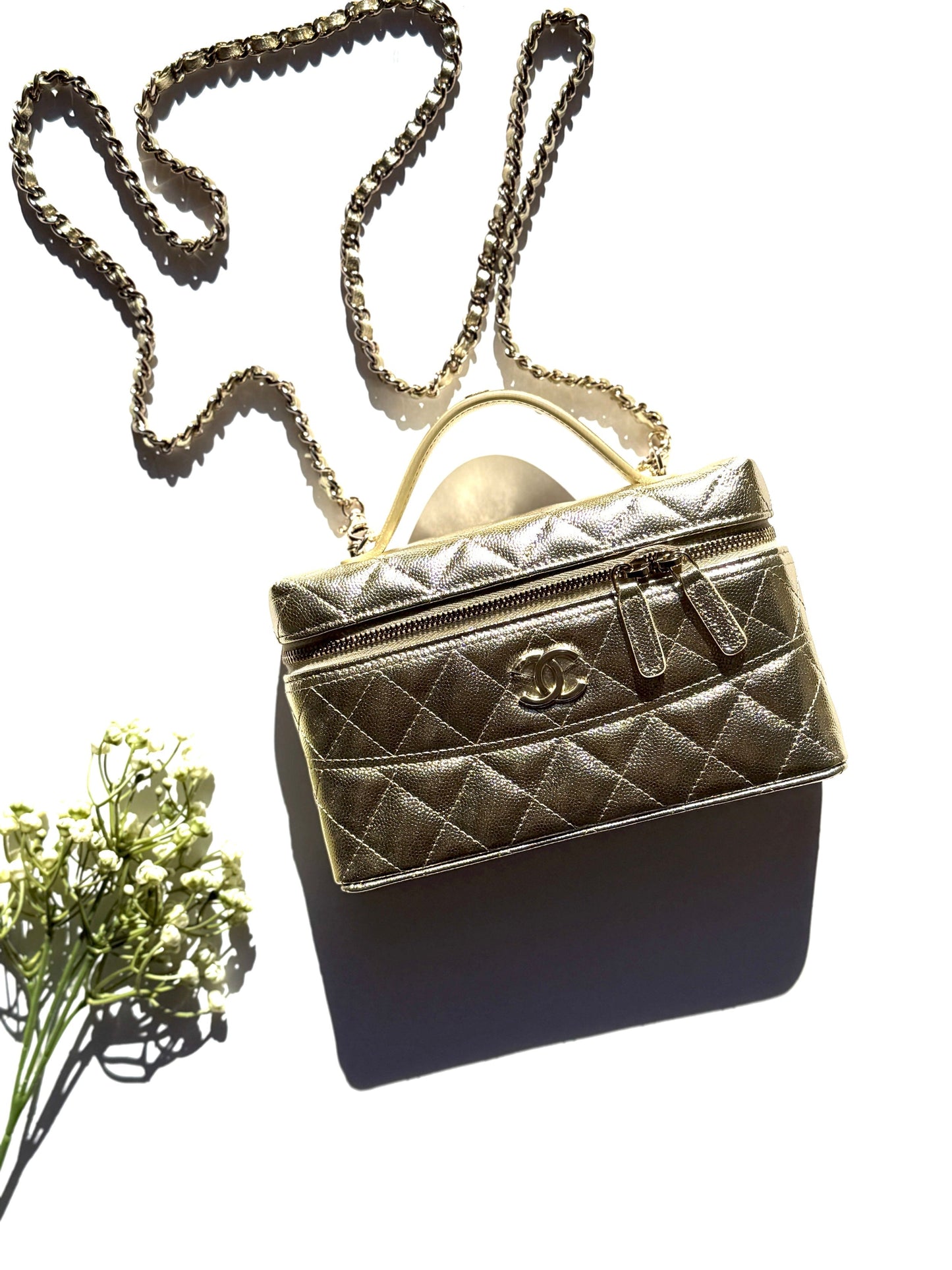 Chanel Long Classic Vanity Light Gold Caviar Quilted Zip Top Handle Crossbody with Chain Bag New