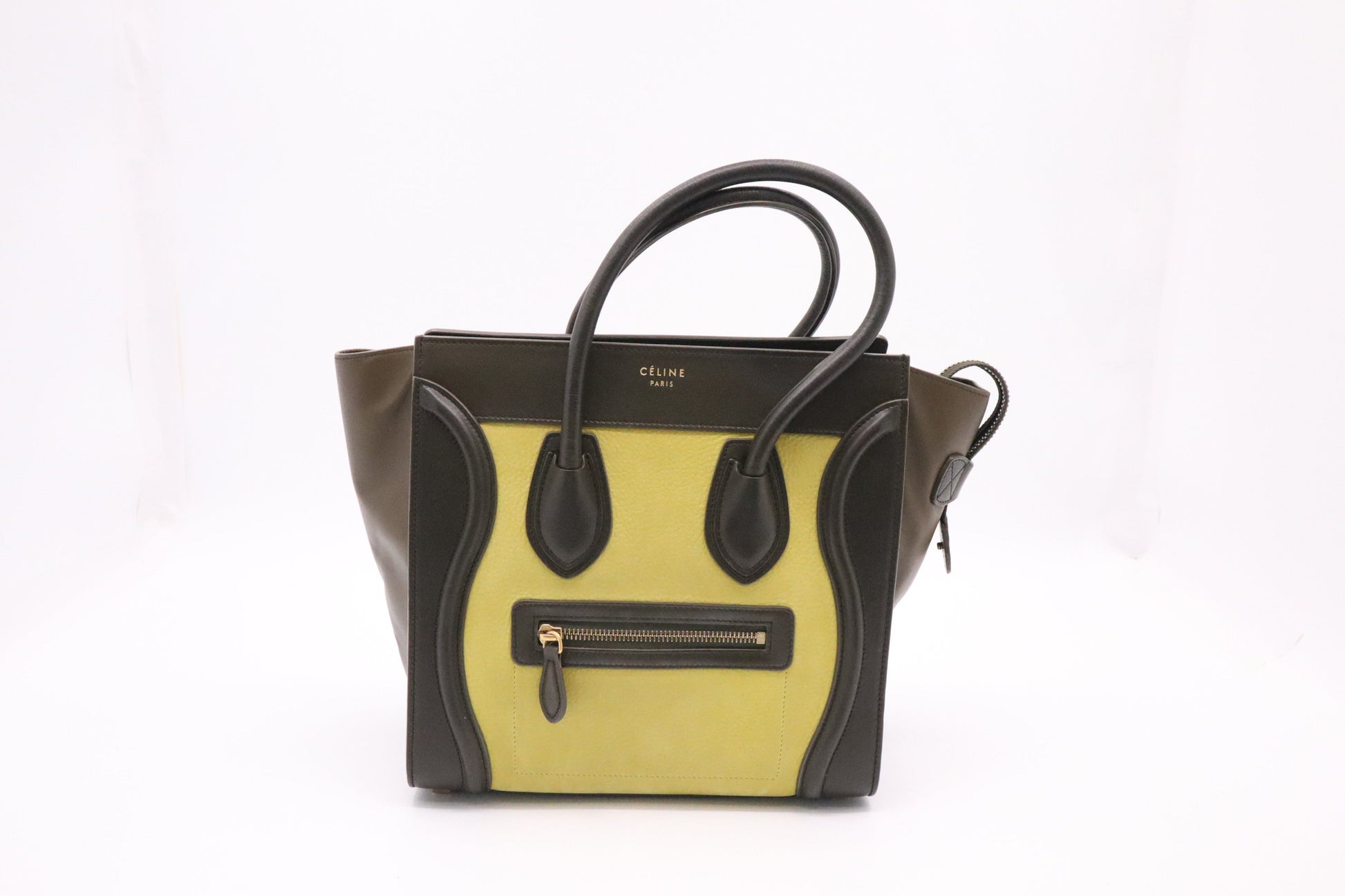 Celine Micro Luggage In And Lime Yellow Handbag Leather Brown Travel Bag
