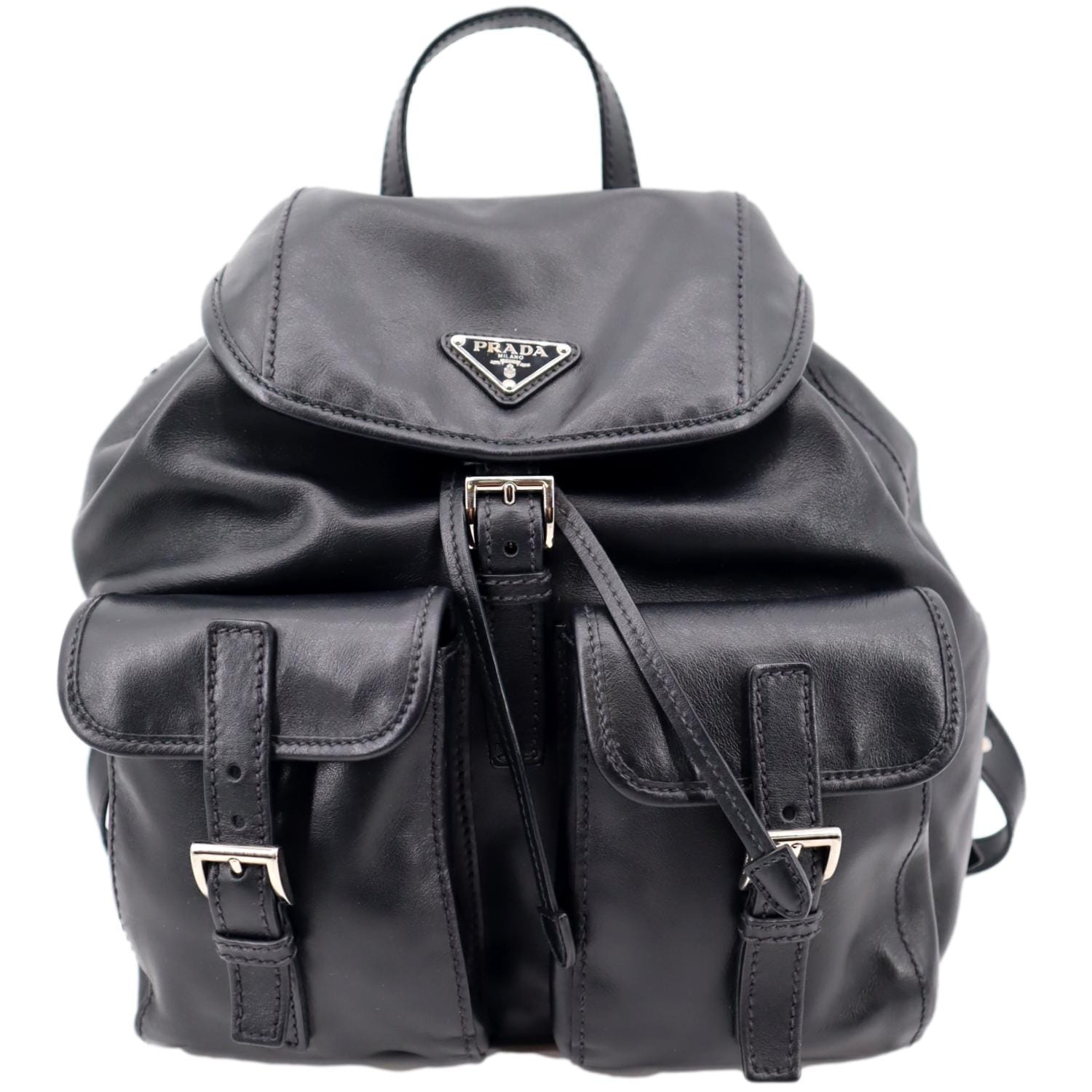 Milano Double Pocket Backpack Bag Leather Black