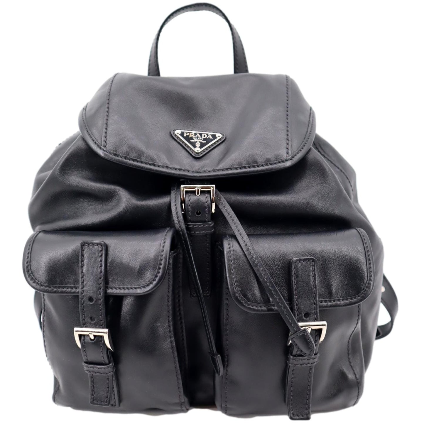 Prada Milano Double Pocket Backpack Bag Leather Black