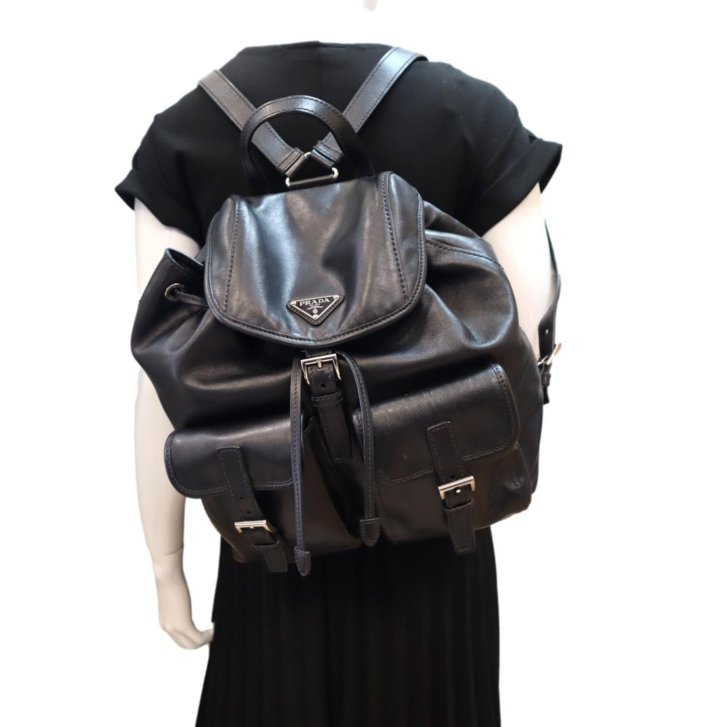 Prada Milano Double Pocket Backpack Bag Leather Black