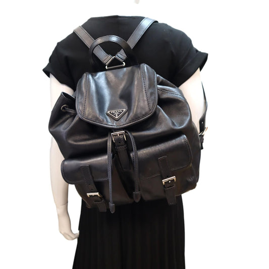 Prada Milano Double Pocket Backpack Bag Leather Black
