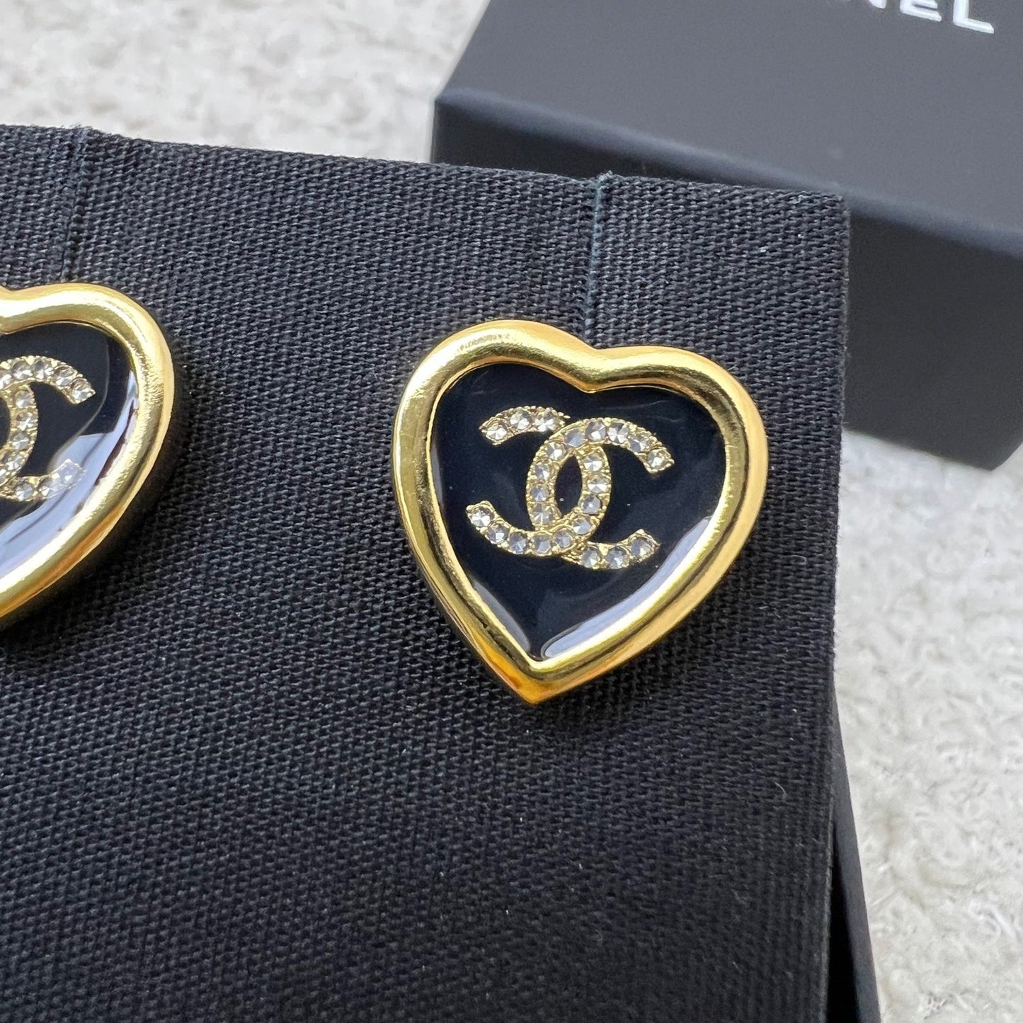 Chanel Heart Earrings with Crystal Studded CC in Black Enamel and LGHW Jewelry