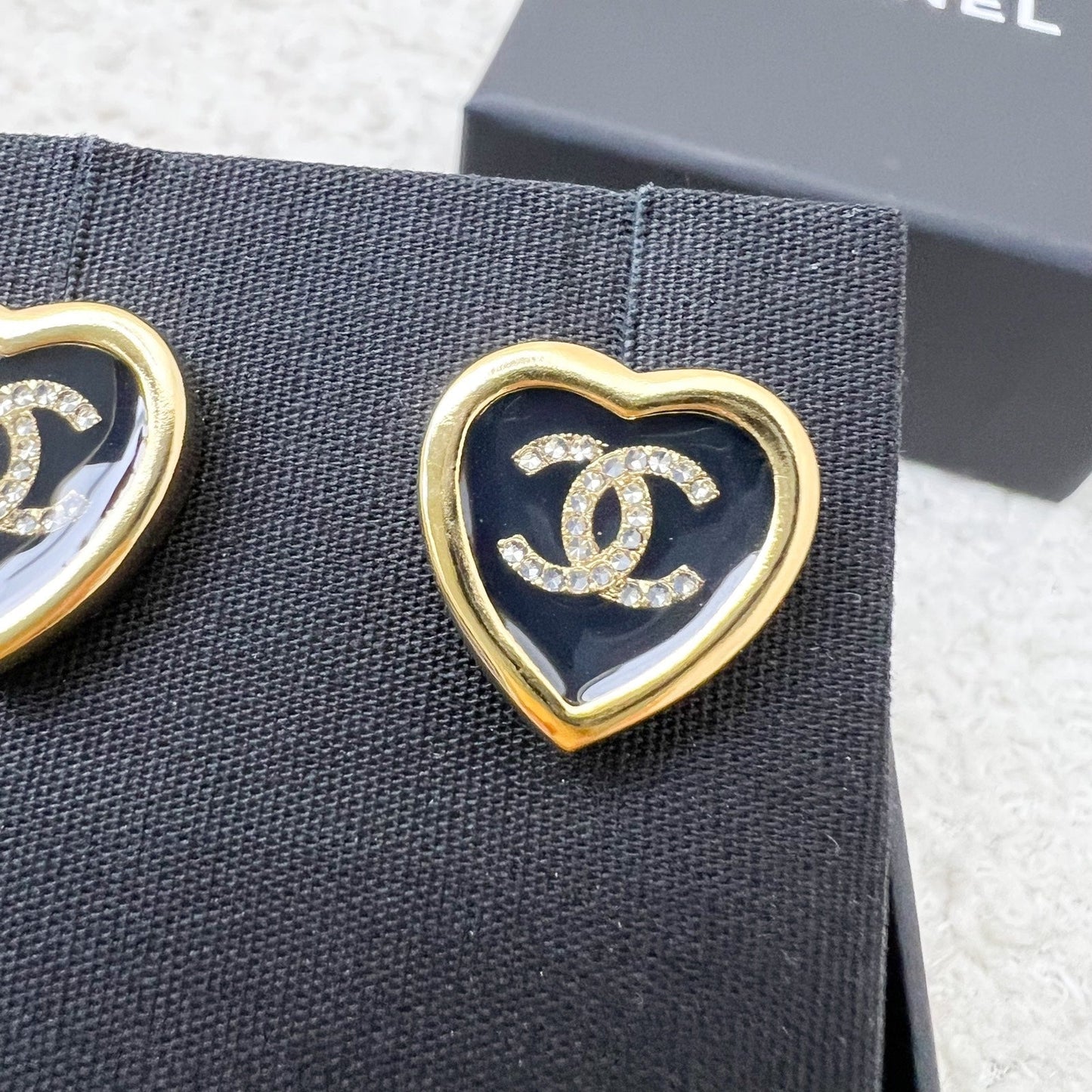 Chanel Heart Earrings with Crystal Studded CC in Black Enamel and LGHW Jewelry