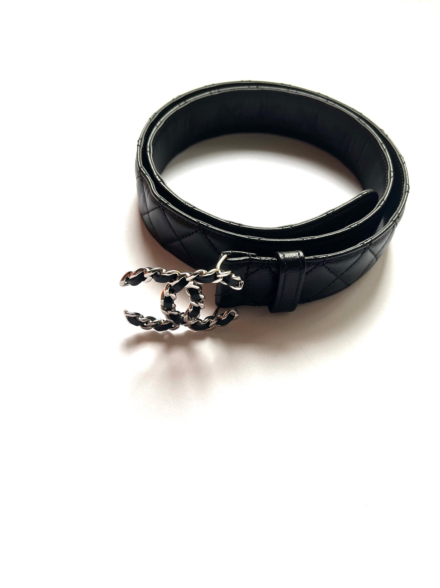 Chanel Black Quilted Caviar CC Buckle Silver Logo Leather Belt 90 36