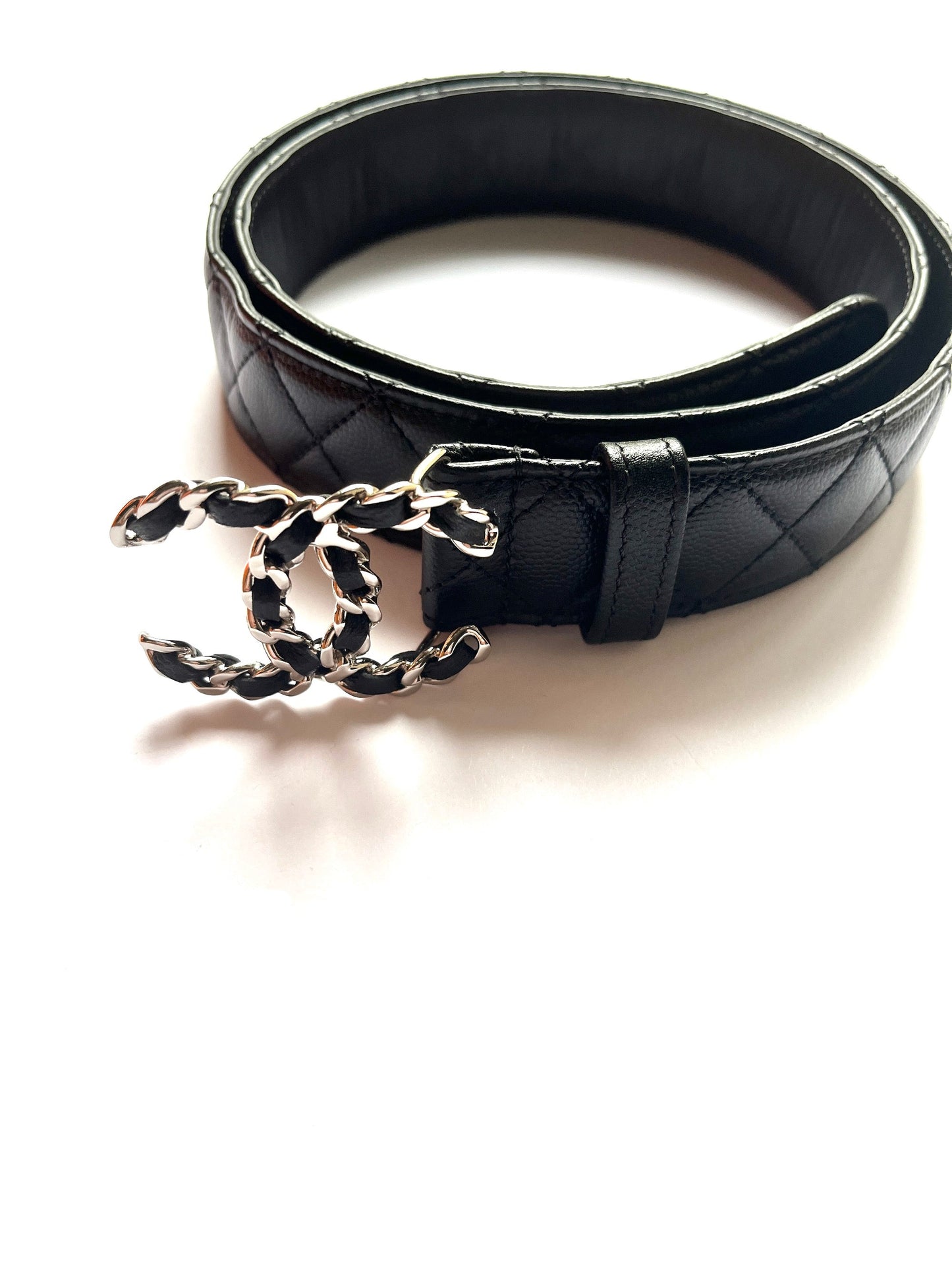Chanel Black Quilted Caviar CC Buckle Silver Logo Leather Belt 90 36