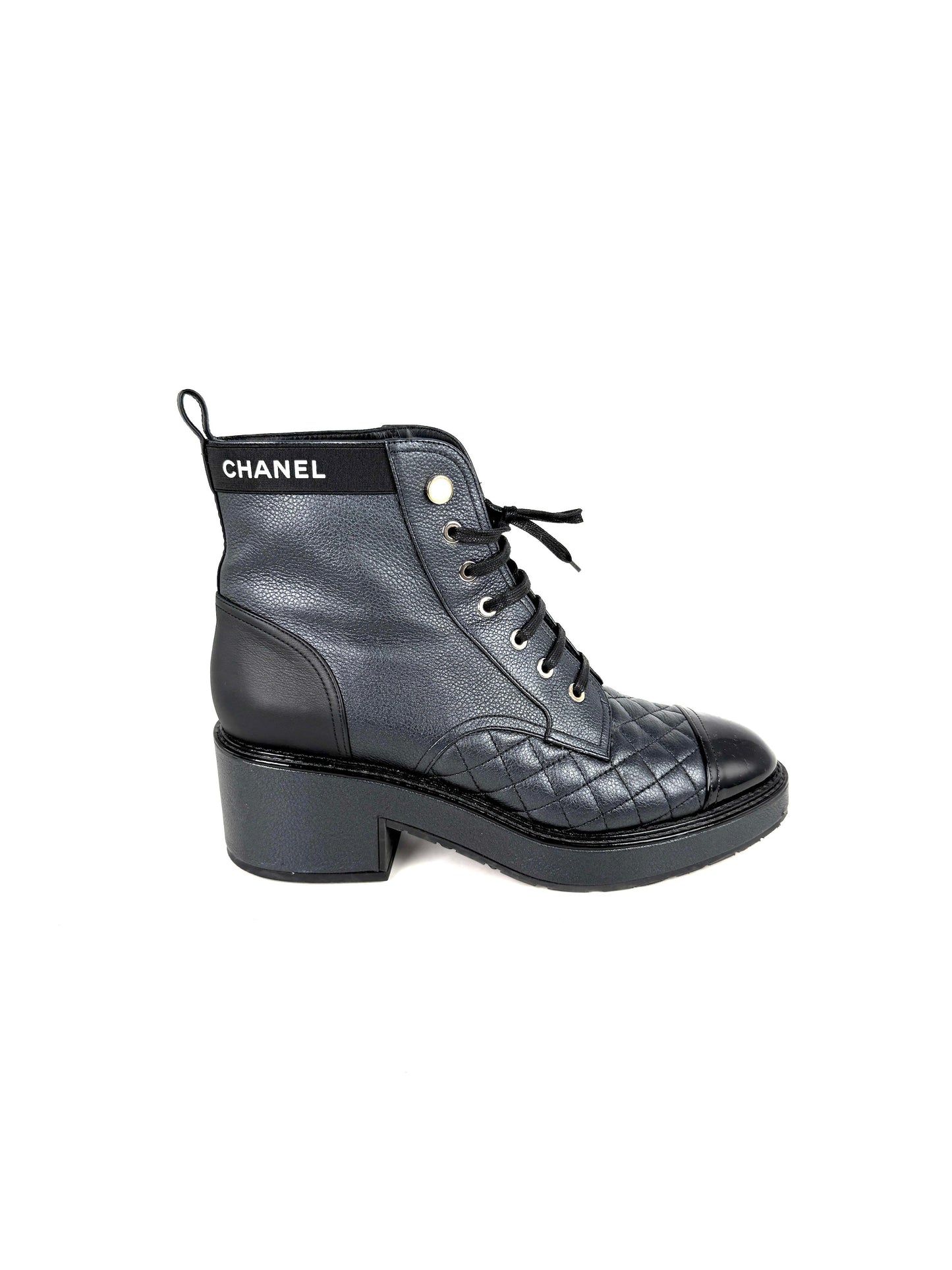 Chanel Cap Toe Faux Pearl Black Quilted Block Heel Combat Ankle Boots 41, 10.5