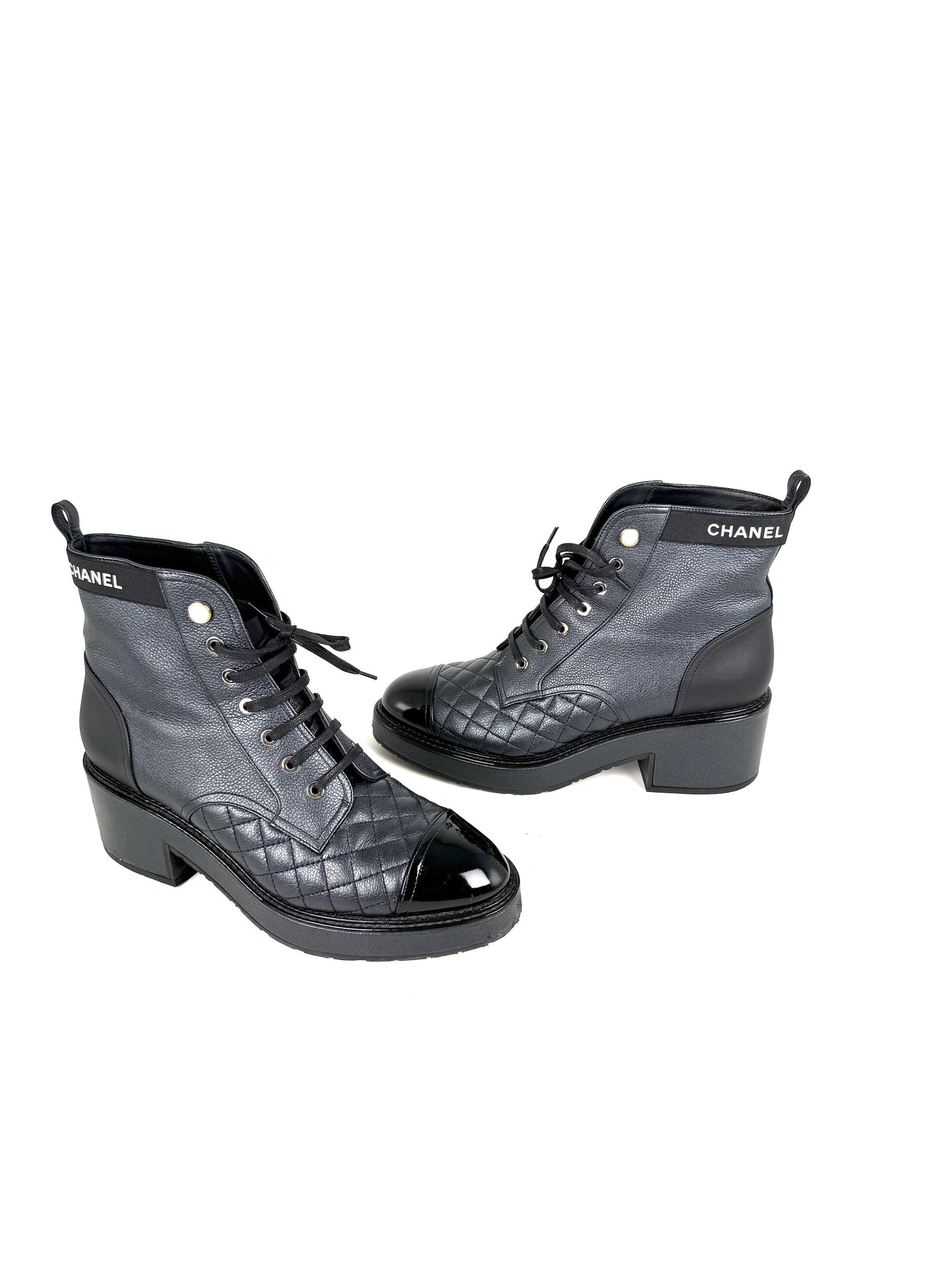 Chanel Cap Toe Faux Pearl Black Quilted Block Heel Combat Ankle Boots 41, 10.5