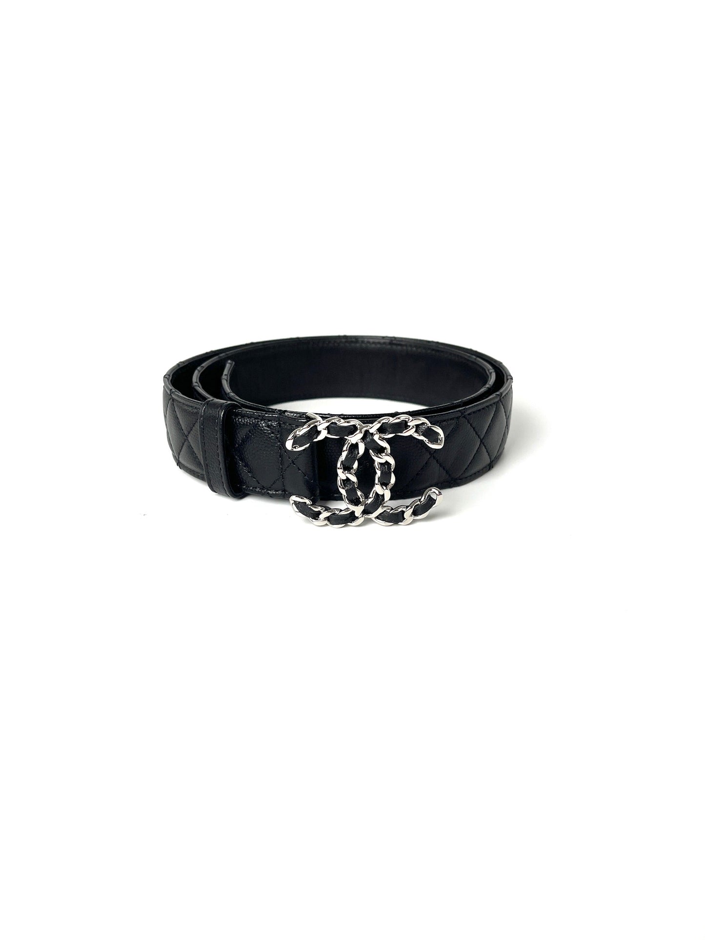 Chanel Black Quilted Caviar CC Buckle Silver Logo Leather Belt 90 36