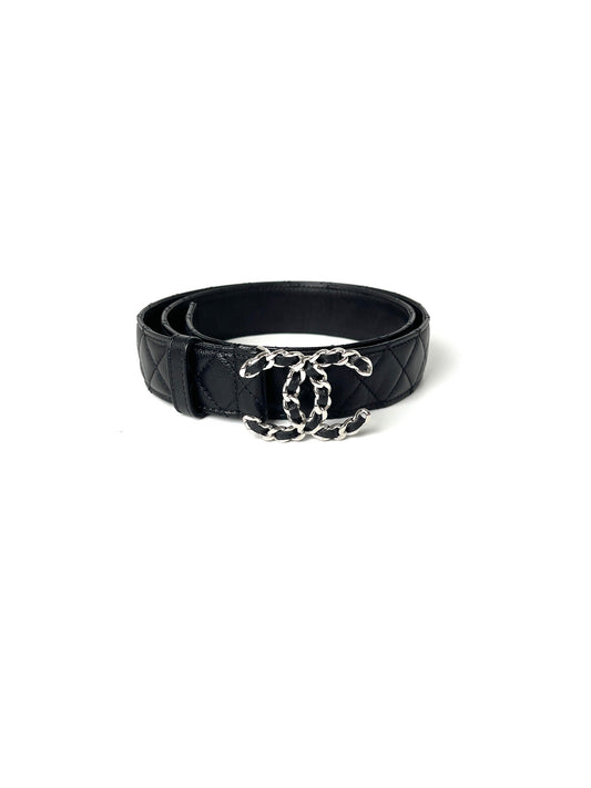 Chanel Black Quilted Caviar CC Buckle Silver Logo Leather Belt 90 36