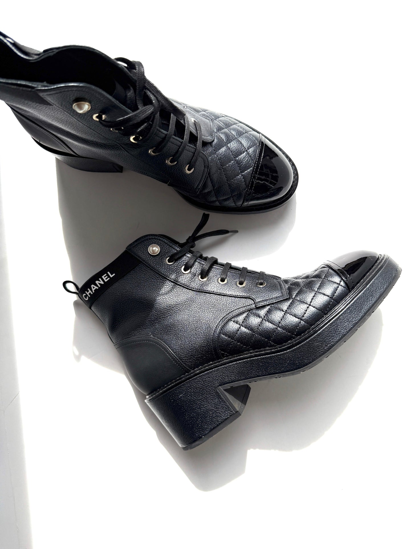 Chanel Cap Toe Faux Pearl Black Quilted Block Heel Combat Ankle Boots 41, 10.5