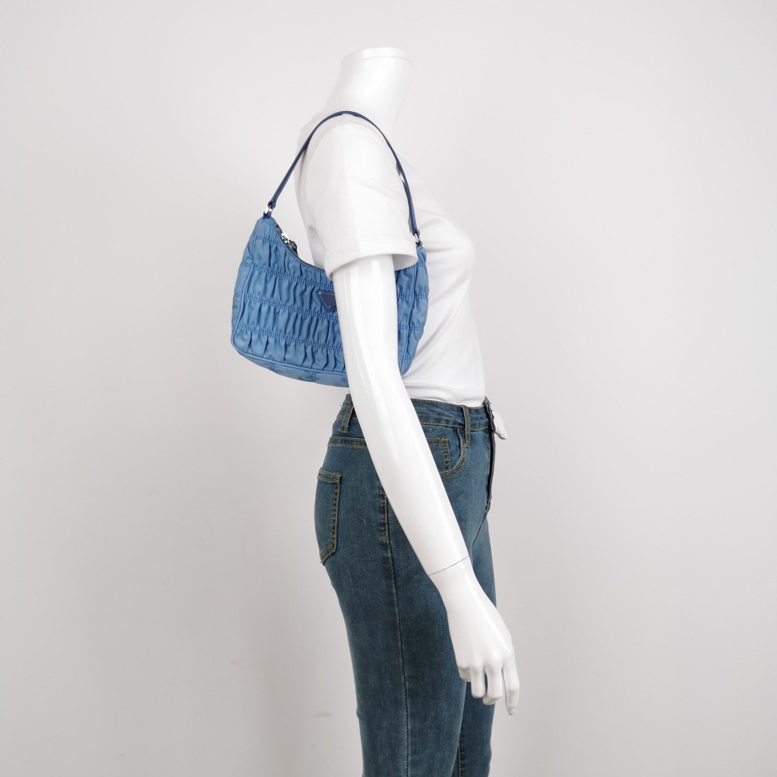 Prada Tessuto Gaufre Hobo Shoulder Bag Nylon Blue