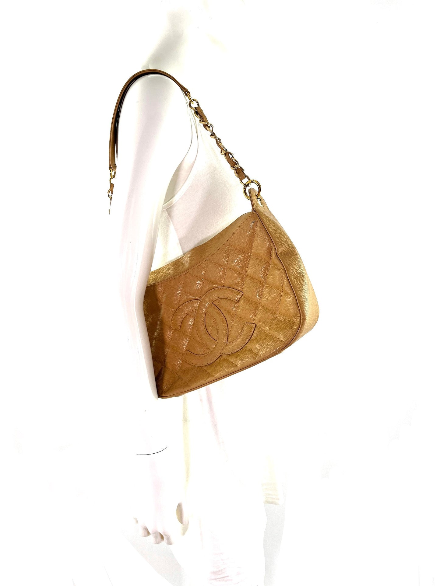 Timeless Beige Quilted Caviar Hobo Bag Signature