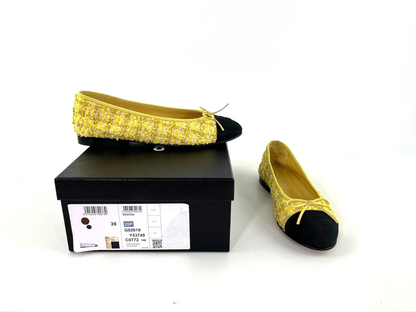 Chanel Yellow Tweed Black Cap Toe Ballerina Flats 39