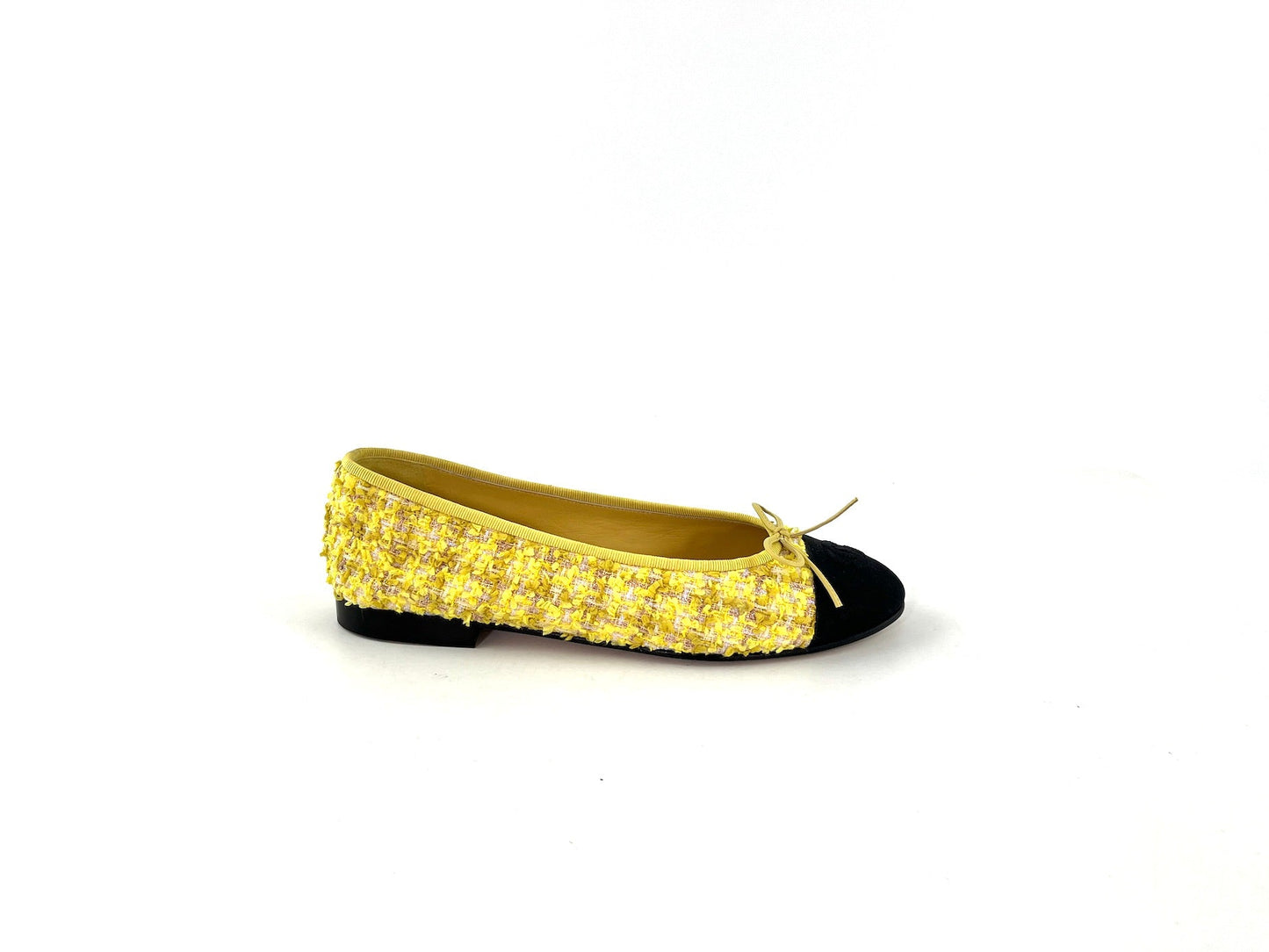 Chanel Yellow Tweed Black Cap Toe Ballerina Flats 39