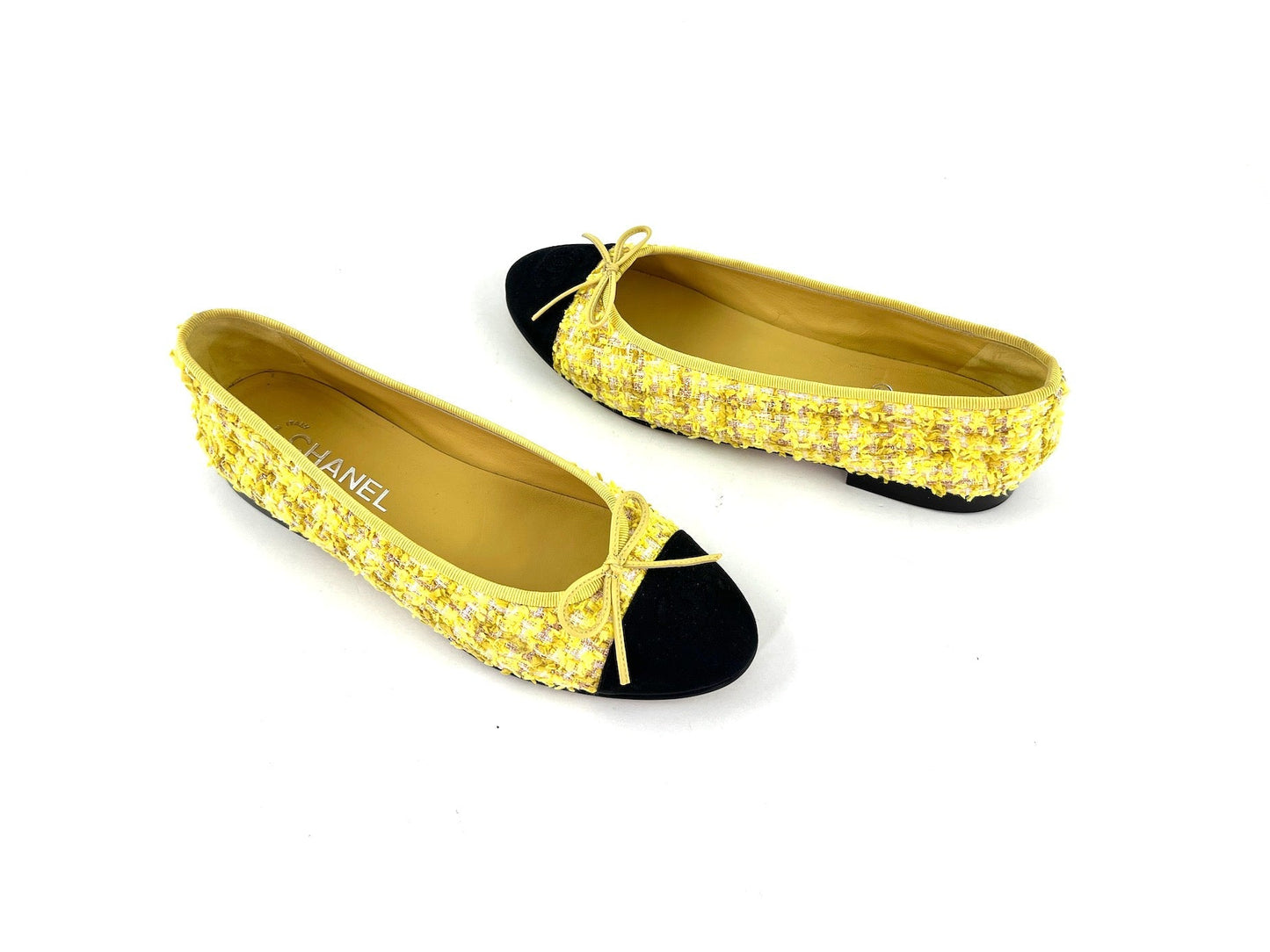 Chanel Yellow Tweed Black Cap Toe Ballerina Flats 39